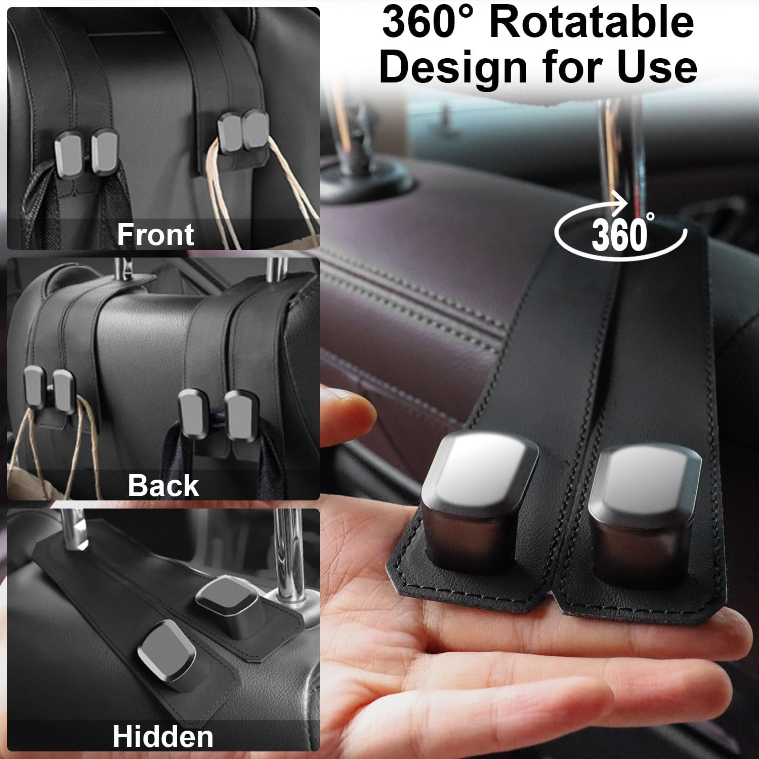 Elegananccy 2 Pack Double Car Seat Headrest Hooks, Leather Car Purse Hanger Holder for Bags, Cars Organizer and Storage Accessories for Women(Black) - Brown image number 7