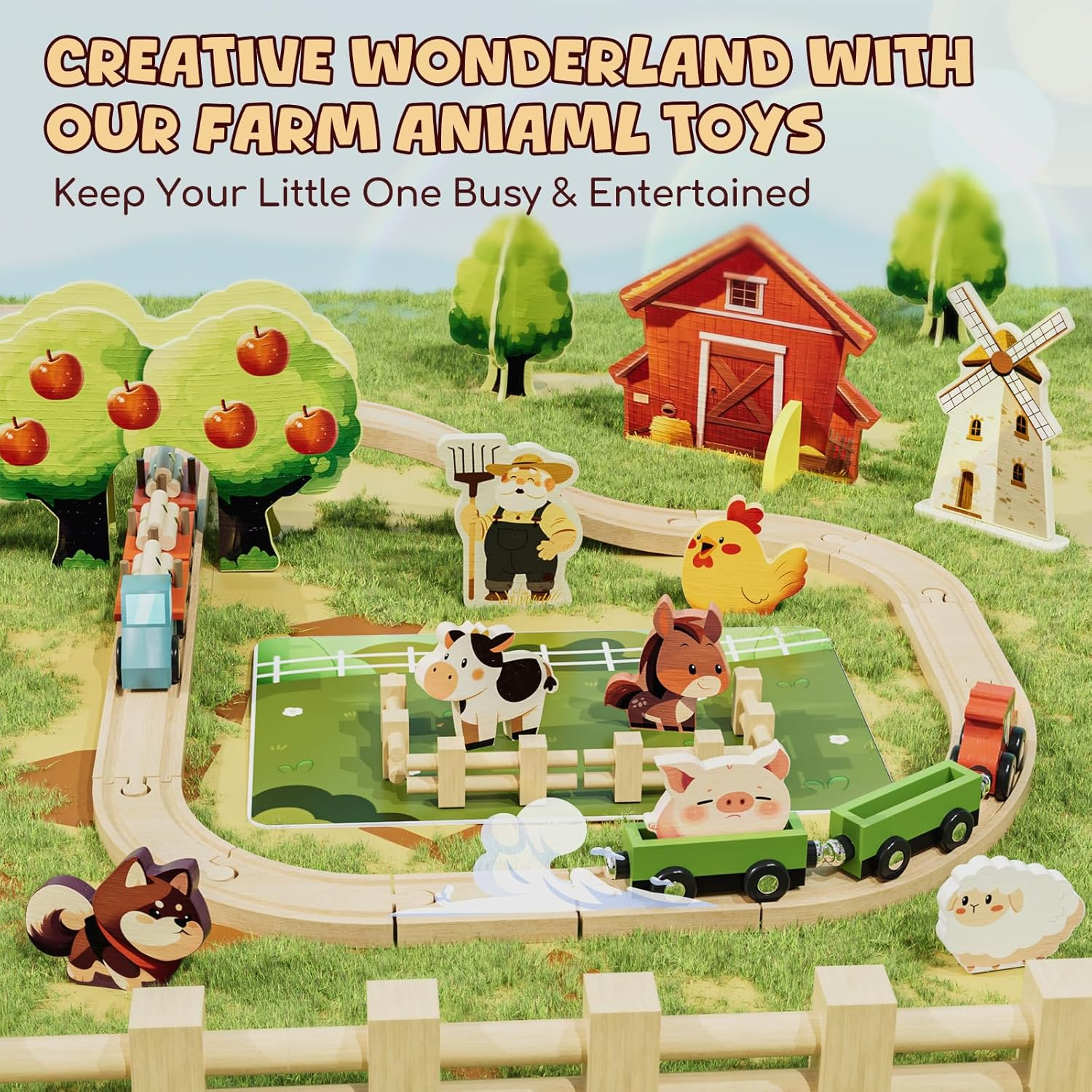 Lehoo Castle Wooden Toys, Wooden Train Set, Toy Trains & Train Sets, Kids Toys for 3 4 5 Year Old Boys with Fishing Game, STEM Toy for Boys Girls image number 2