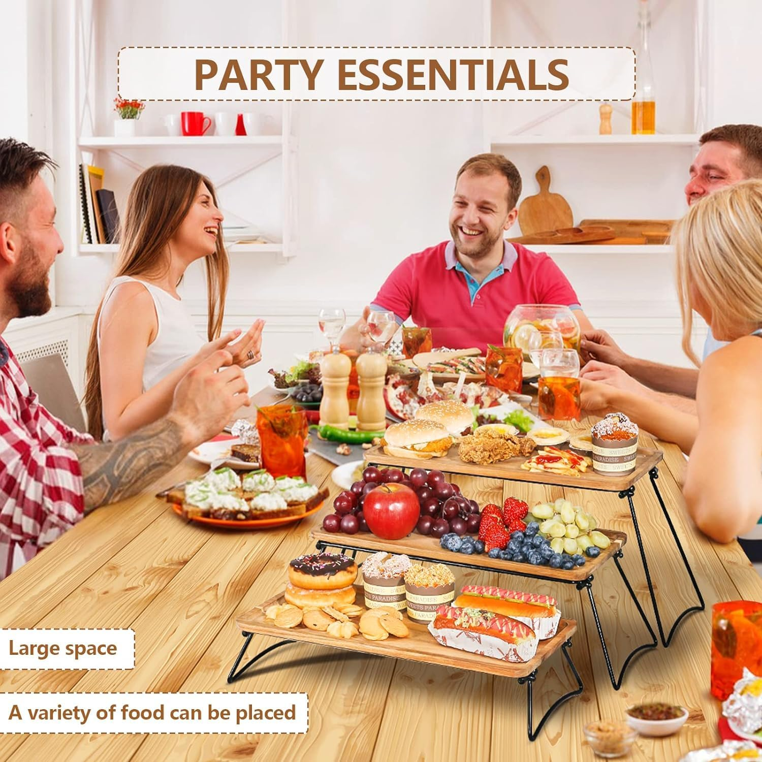 3 Tiered Tray Stand - Three Tiered Serving Stand with Acacia Wood Serving Trays & Platters for Cupcake Stand,Wooden Dessert Table Display Set,Charcuterie Boards,Food,Party,Vendors image number 3