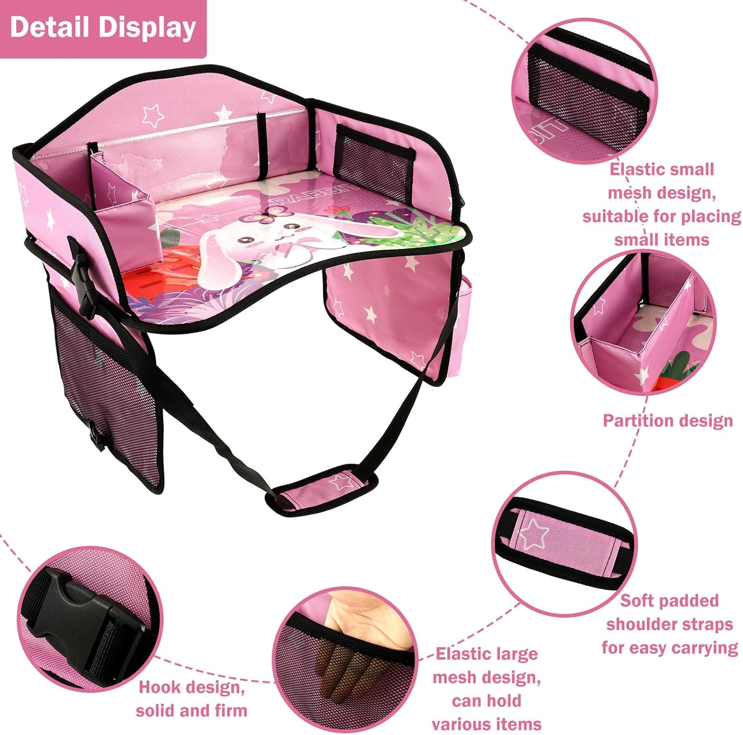 Kids Travel Tray, Portable Waterproof Kids Road Trips Car Seat Tray with Padded Shoulder for Road Trip Activities and Airplane Use​ 43.6X33X25Cm (Pink) - Pink image number 6