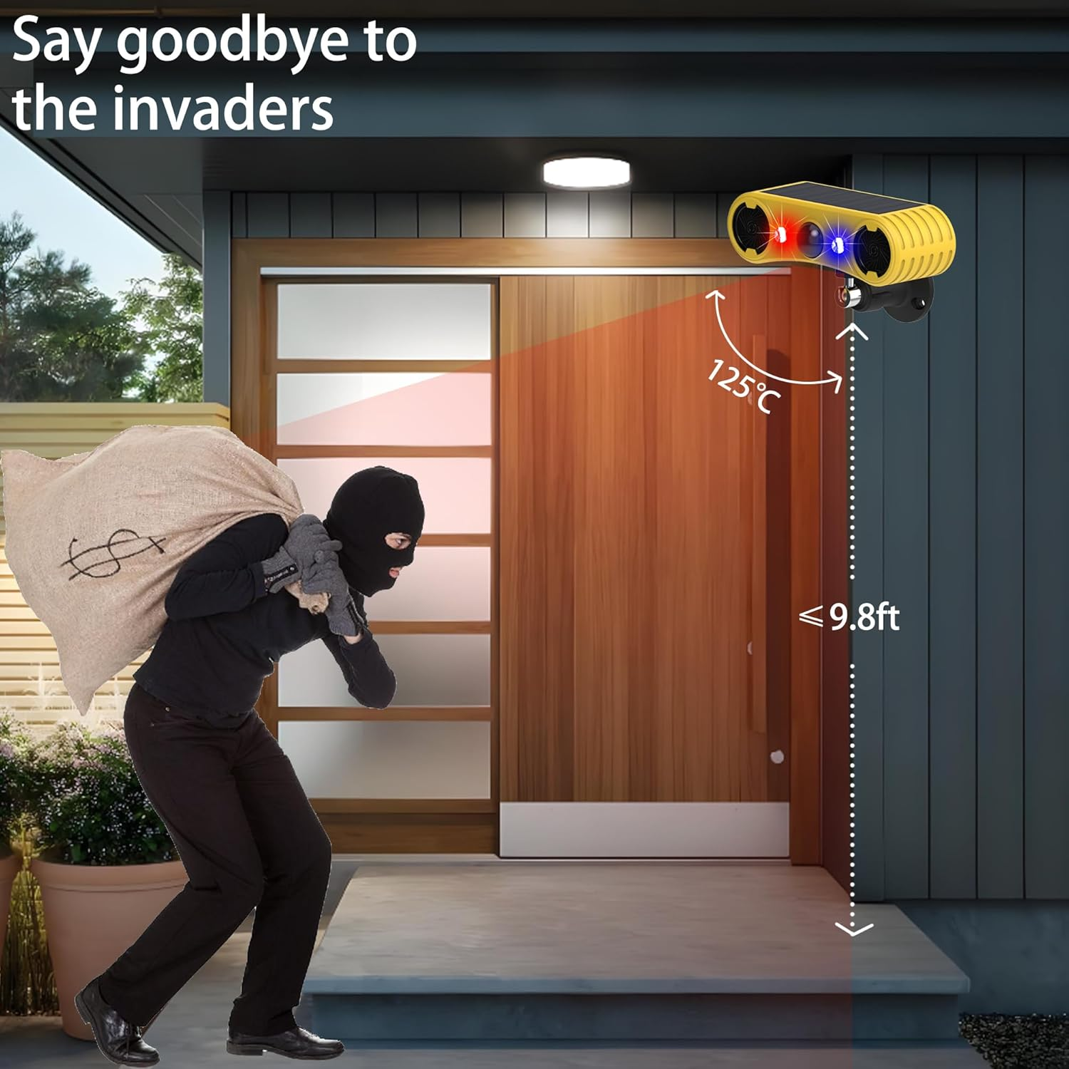 QXMH Solar Outdoor Motion Sensor Alarm-129Db Loud Noise Maker Ultrasonic Solar Infrared Induction Alarm,Outdoor Security Lights Waterproof Lamp，Red and Blue Flashing Alarm (4 Pack) image number 5