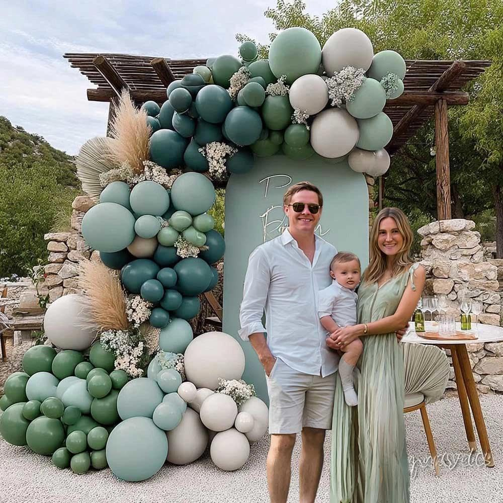 Partycus Dusty Blue and Green Balloon Garland - Double Stuffed Sage Green Teal White Matte Balloons Olive Slate Blue Boho Arch Kit for Baby Shower Neutral Birthday Bridal Party Decoration Medium - Brown,Green image number 3