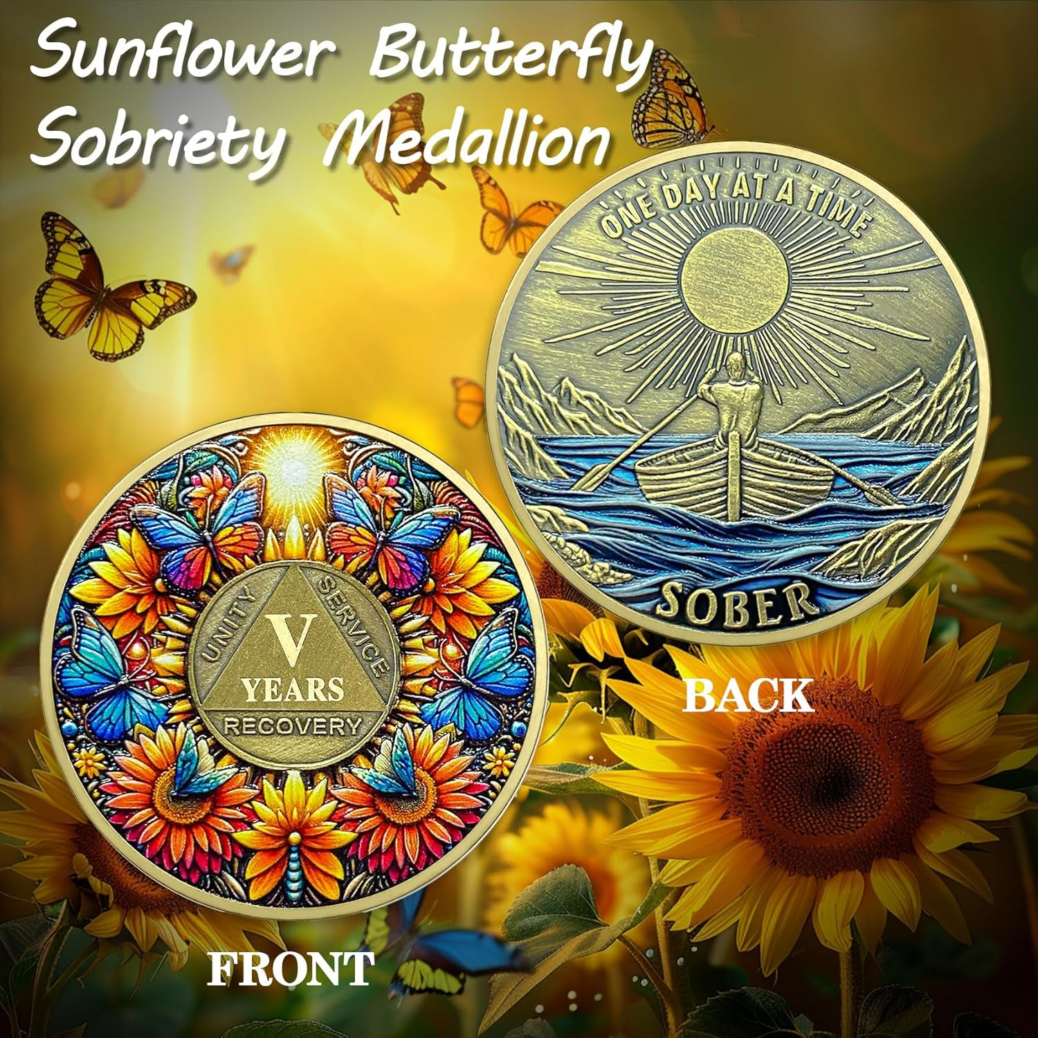 ACGZQY Sobriety Coin, 5 Year Sunflower Butterfly Sobriety Chip AA Coin and Medallions One Day at a Time Sober Token Narcotics Alcoholics Anonymous Recovery Gifts image number 4