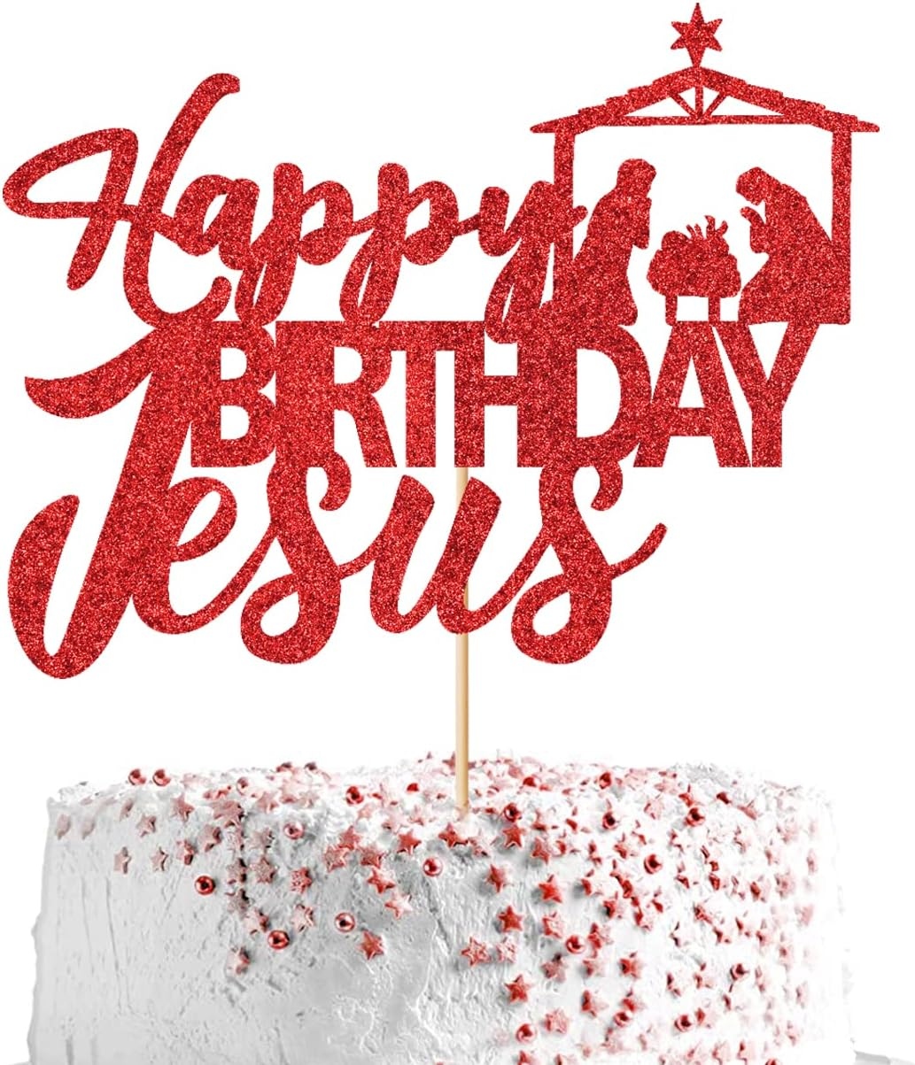 Happy Birthday Jesus Cake Topper Red Glitter Jesus Birthday Cake Decorations Good Friday Cake Decoration Easter Party Decorations Christmas Party Decoration Supplies image number 2