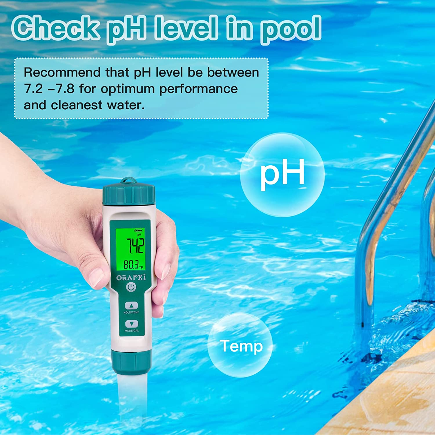 Pool Salt Tester ORAPXI Ph and Salt Meter for Saltwater Pool Ph and Salinity Digital Tester 5 in 1 Salt Meter for Swimming Pools Hot Tubs and Swim Spas image number 1