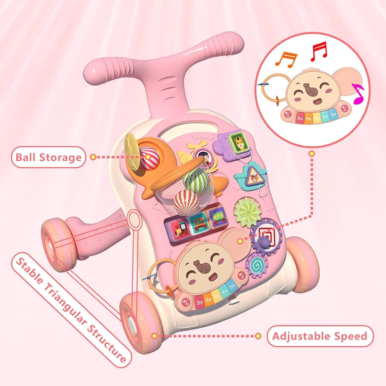 3 in 1 Baby Walker and Activity Center for Baby Girl,Toddler, Learning to Walk, Sit to Stand, Early Learning Push Toys for Infant Boy Girl (Pink) - Blue image number 2