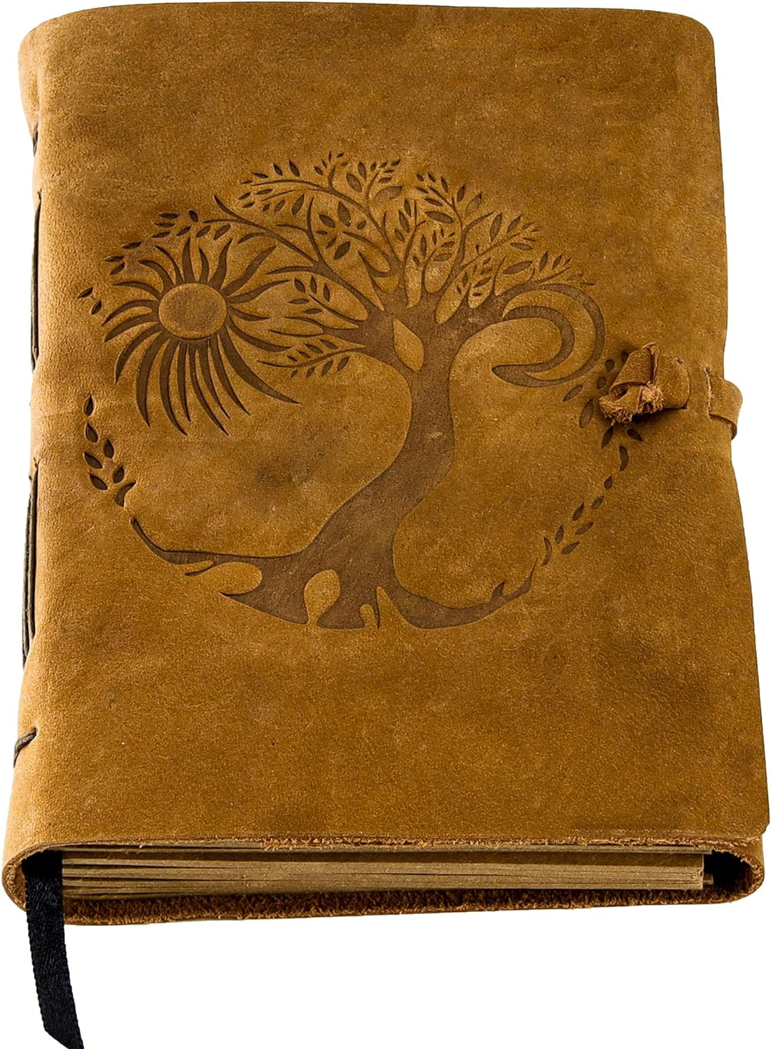 Leather Journal for Women and Men Embossed 8 X 6 Inch Handmade Lined Craft Paper Tree of Life Sun and Moon Notebook Writing Notepad Book of Shadows Journal