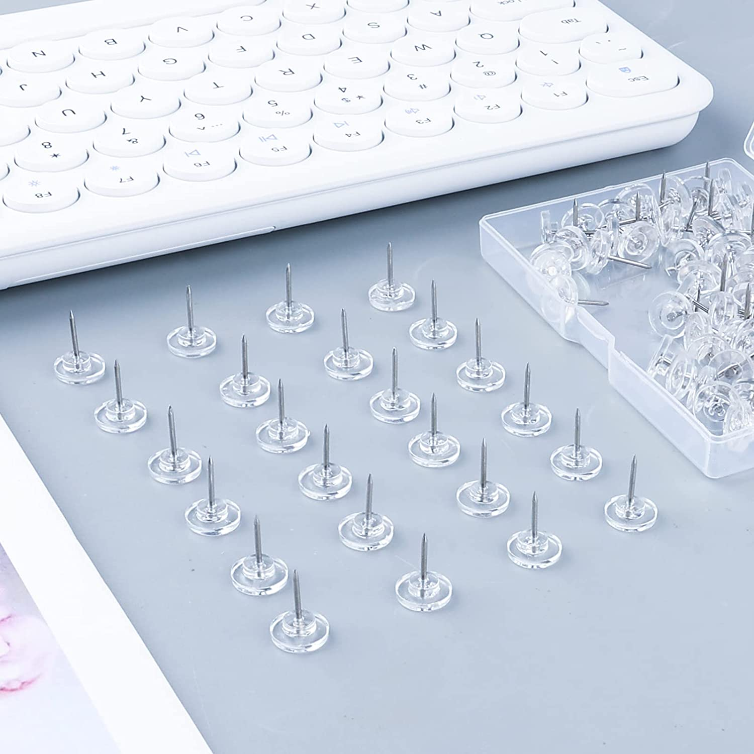 AIEX 100Pcs Clear Push Pins, Plastic Pushpins Thumb Tacks Flat Push Pins with Steel Point for Cork Board Bulletin Board Wall (White) image number 3
