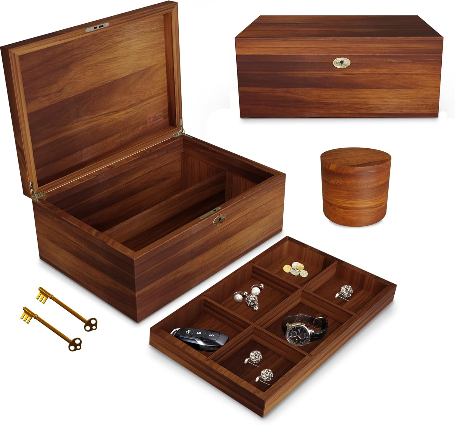 LUSH & STYLE Acacia Wood Box, Keepsake with Hinged Lid and Locking Key, Decorative, Memory Treasure, Wooden Storage Box, Wooden Gift Box (Divider Model) image number 3