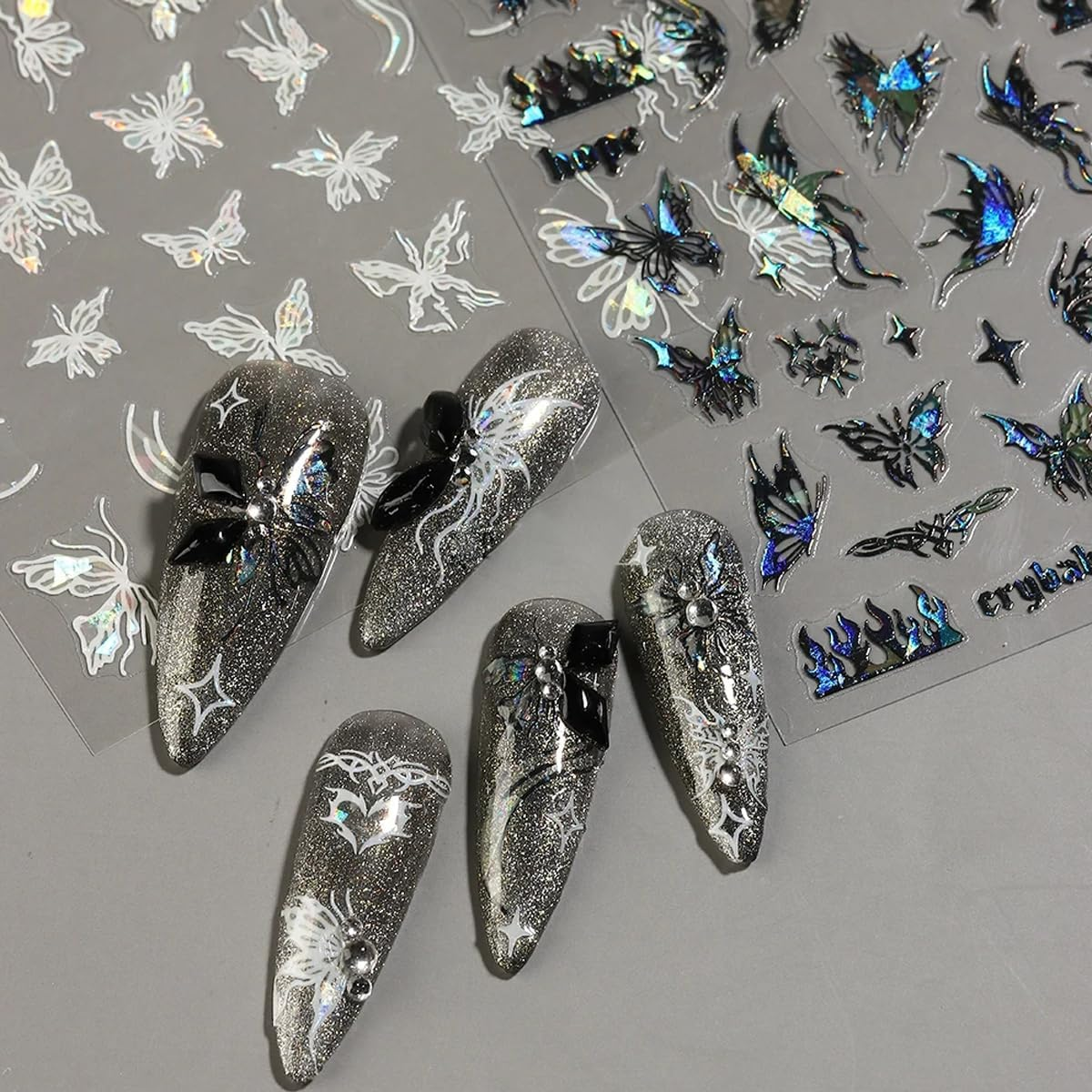 8 Sheet Black White Butterfly Nail Art Stickers 3D Butterflies Nail Decals for Women 3D Holographic Laser Butterfly Sparkly for Nail Designs Butterfly French Glitter DIY Nail Charm Manicure Decoration image number 2