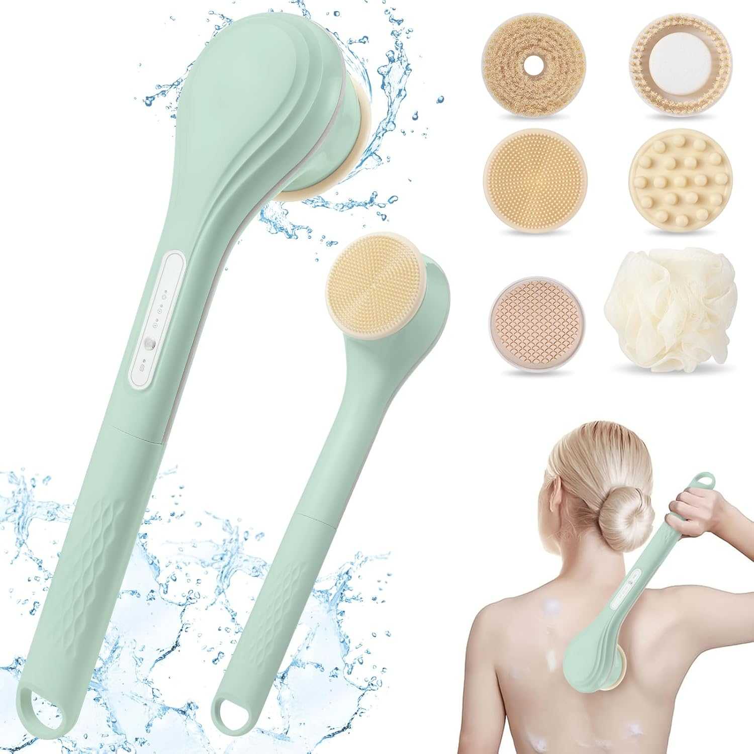 LINGSFIRE Electric Body Bath Brush, Rechargeable Back Scrubber for Shower, Long Handle Exfoliating Bath Brush for Shower, Lotion Applicator for Back, Silicone Body Scrubber with 6 Shower Brush Heads image number 6