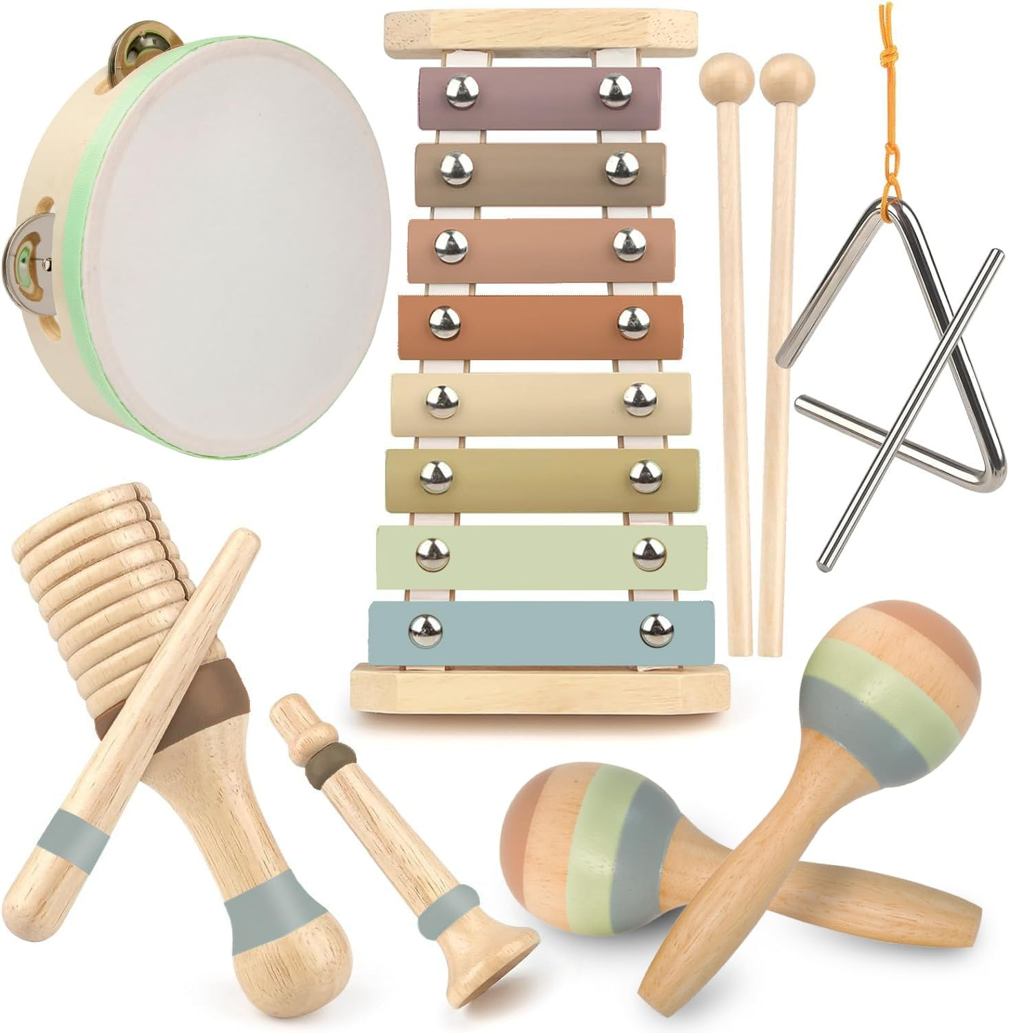 Stoie'S Wooden Kids Musical Instruments for Babies and Toddlers 1-9 Years Old, Montessori Educational Music Toy with Xylophone, Tambourine, Triangle, Maracas, Durable, Storage Bag, Unisex Boho Colors image number 1