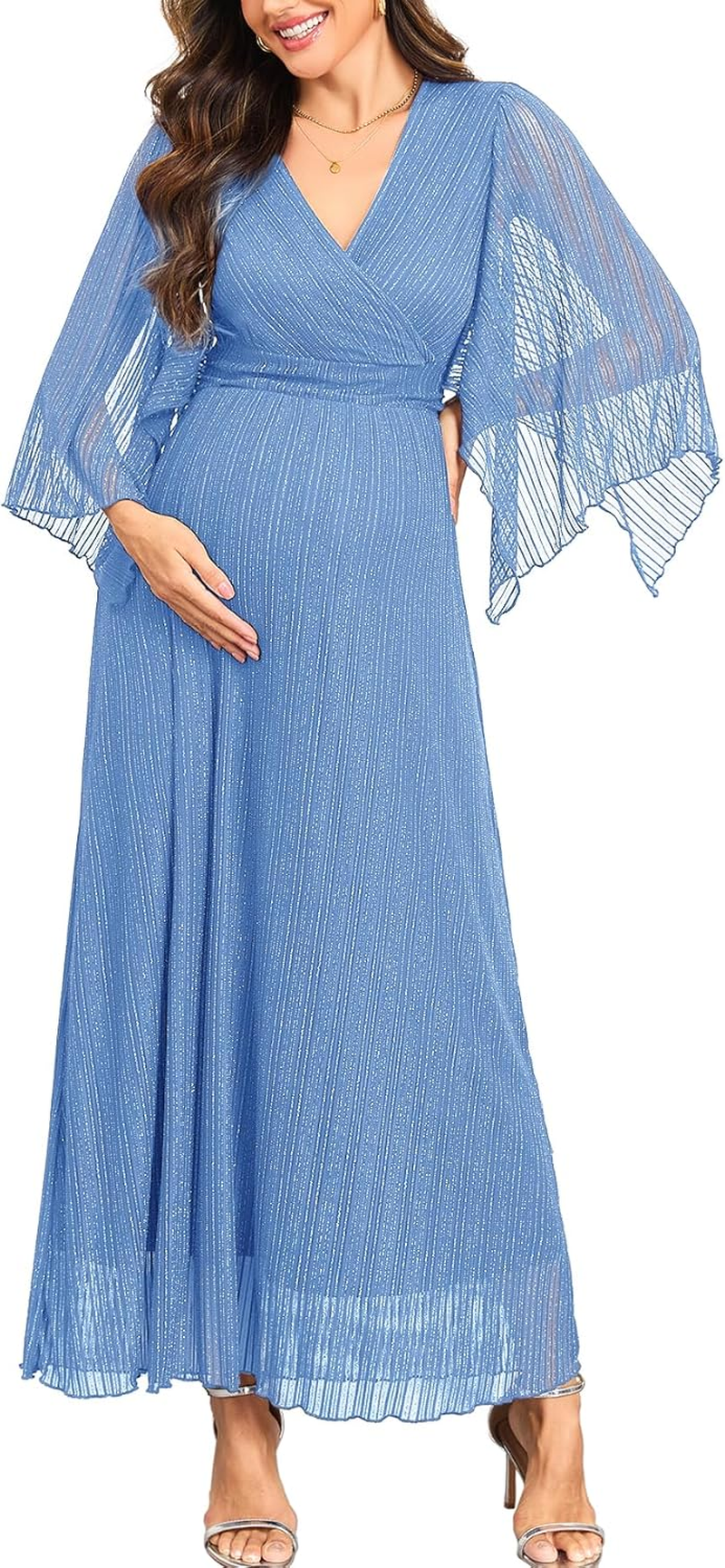Maternity Sparkly Mesh Maxi Dress Handkerchief Sleeves Wrap V Neck Flowy Pregnancy Dresses Baby Shower Formal