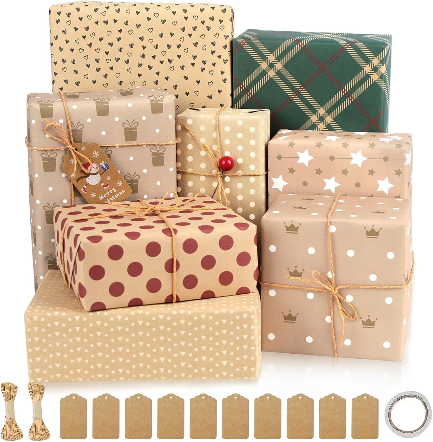ZCOINS 8 Sheets Birthday Gift Wrapping Paper 70 X 50 CM with Hanging Tags Strings Tapes Recyclable DIY Present Wrapping Kraft Paper for Kids Women Men Birthday Baby Showers Kids Crafts Holidays