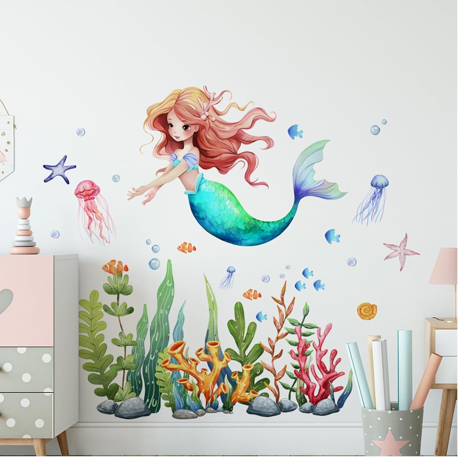 Mermaid Wall Decal Mermaid Fish Seaweed Bubble Wall Stickers under the Sea Marine Fish Seaweed Grass Wall Stickers - Bathroom Baby Kids Nursery Girls Bedroom Daycare Wall Decor image number 1