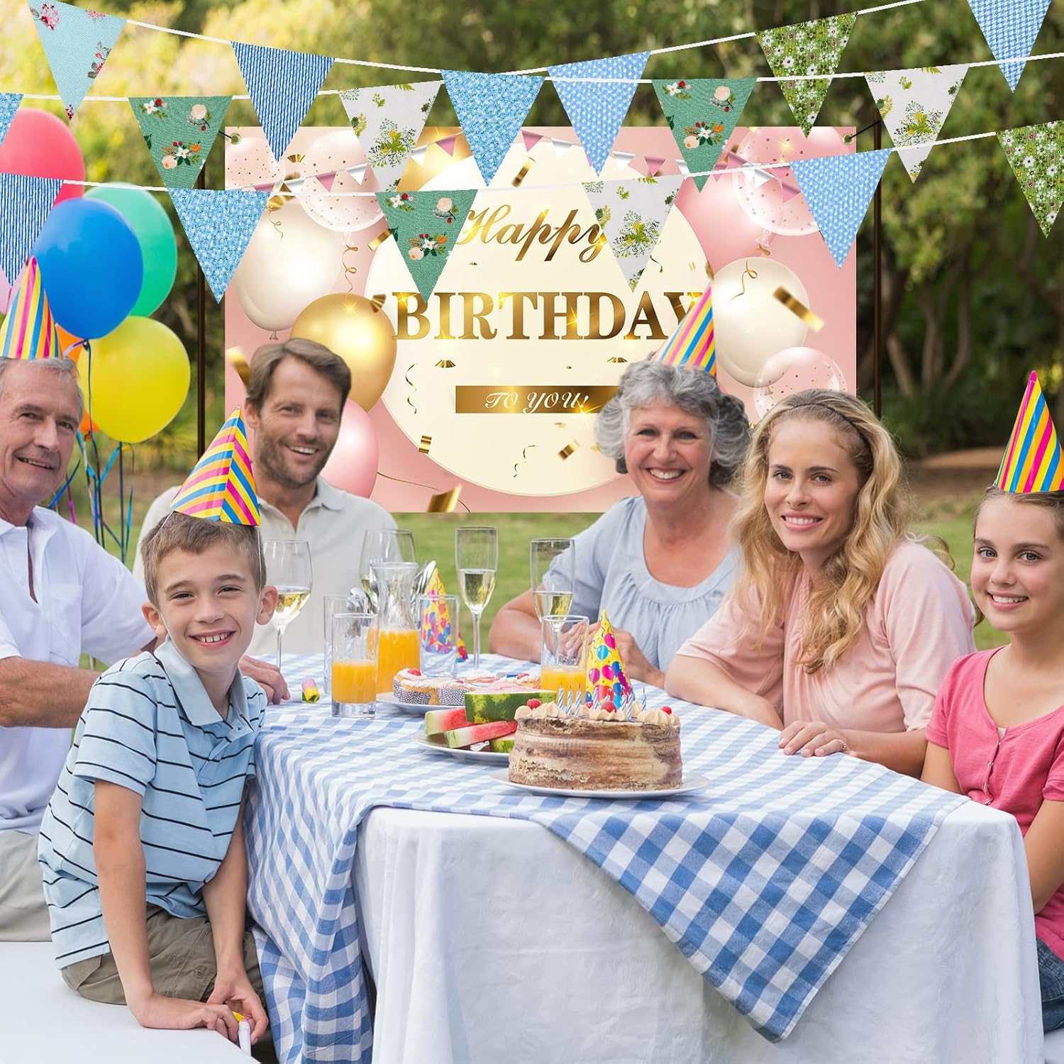 15M/50Ft Fabric Bunting Flag 48 Pieces Vintage Cotton Floral Fabric Bunting Outdoor Waterproof Reusable Festival Flags for Baby Shower Party Christmas Birthday Garden Decorations(Green and Blue) image number 6