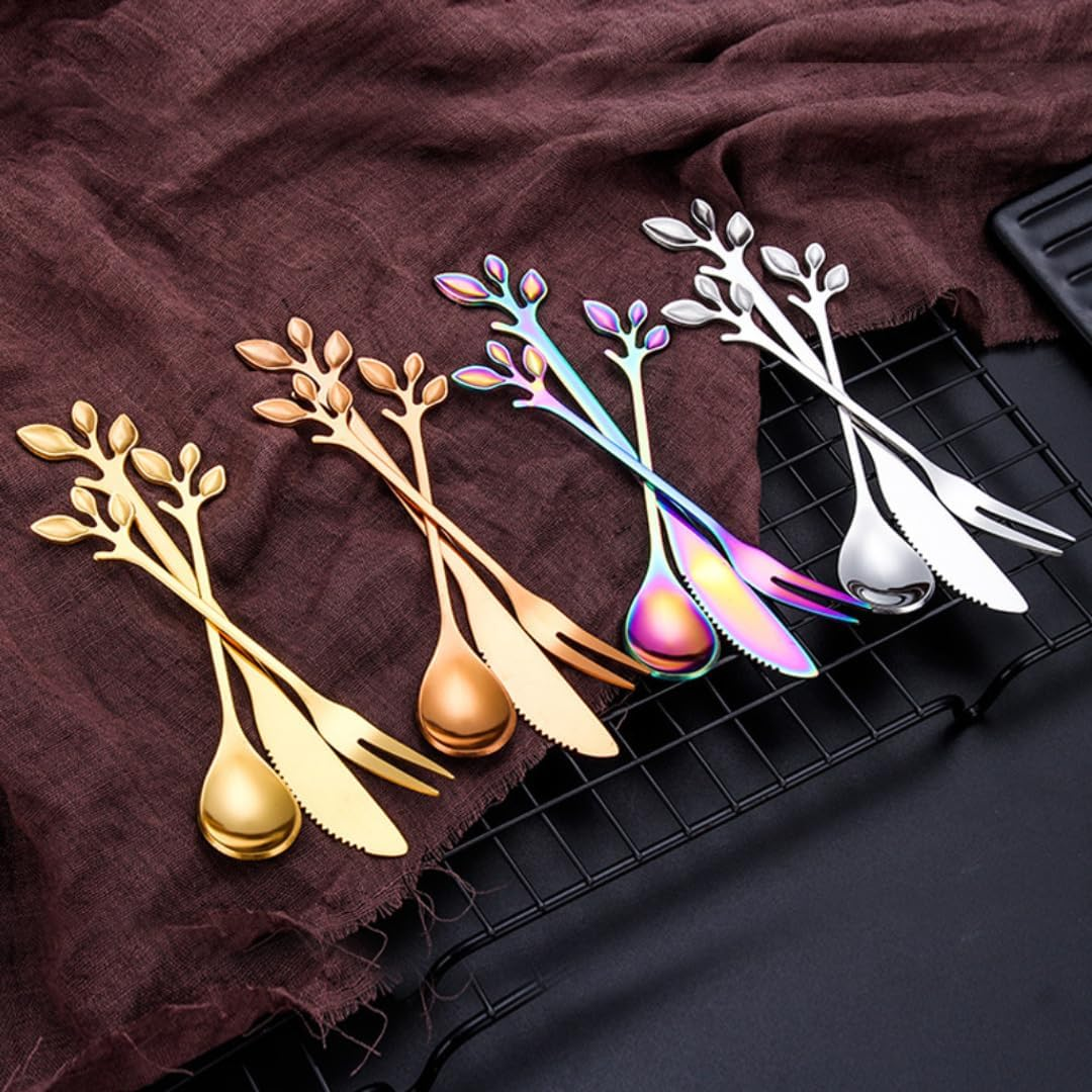 Creative Leaf Tableware Set of 12, 4 Piece Stainless Steel Demitasse Espresso Spoons + 4 Piece Appetizer Fork + 4 Piece Dessert Knives for Bar Caf&eacute; Teaspoons for Cappuccino, Dessert, Fruit, Cake - Golden image number 6