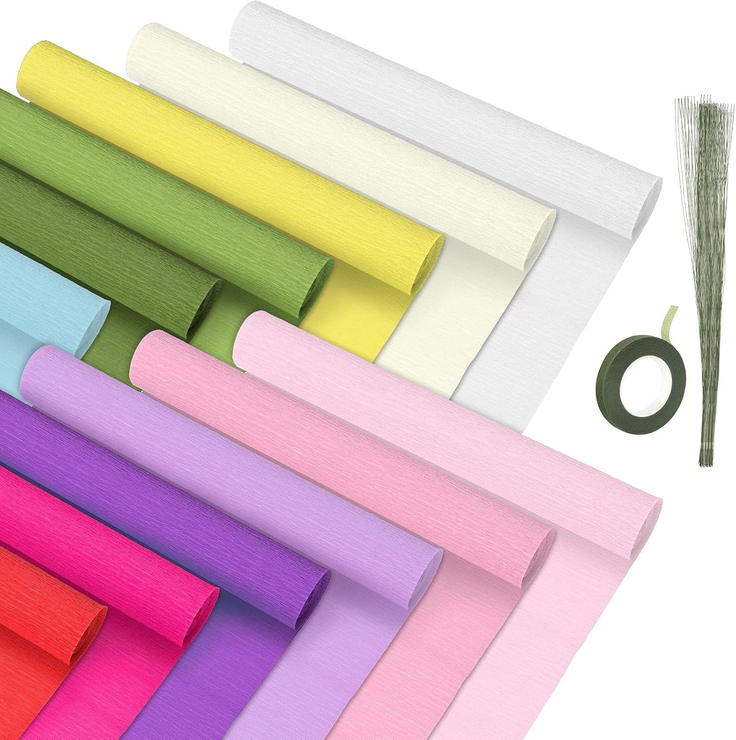12 Rolls Crepe Paper Rolls 12 Colors Wide Crepe Paper Streamer Assorted Streamers with Floral Stem Wire and Green Floral Tapes for Birthday Party Ornament(Mixed Colors,8 Feet X 10 Inch) image number 4