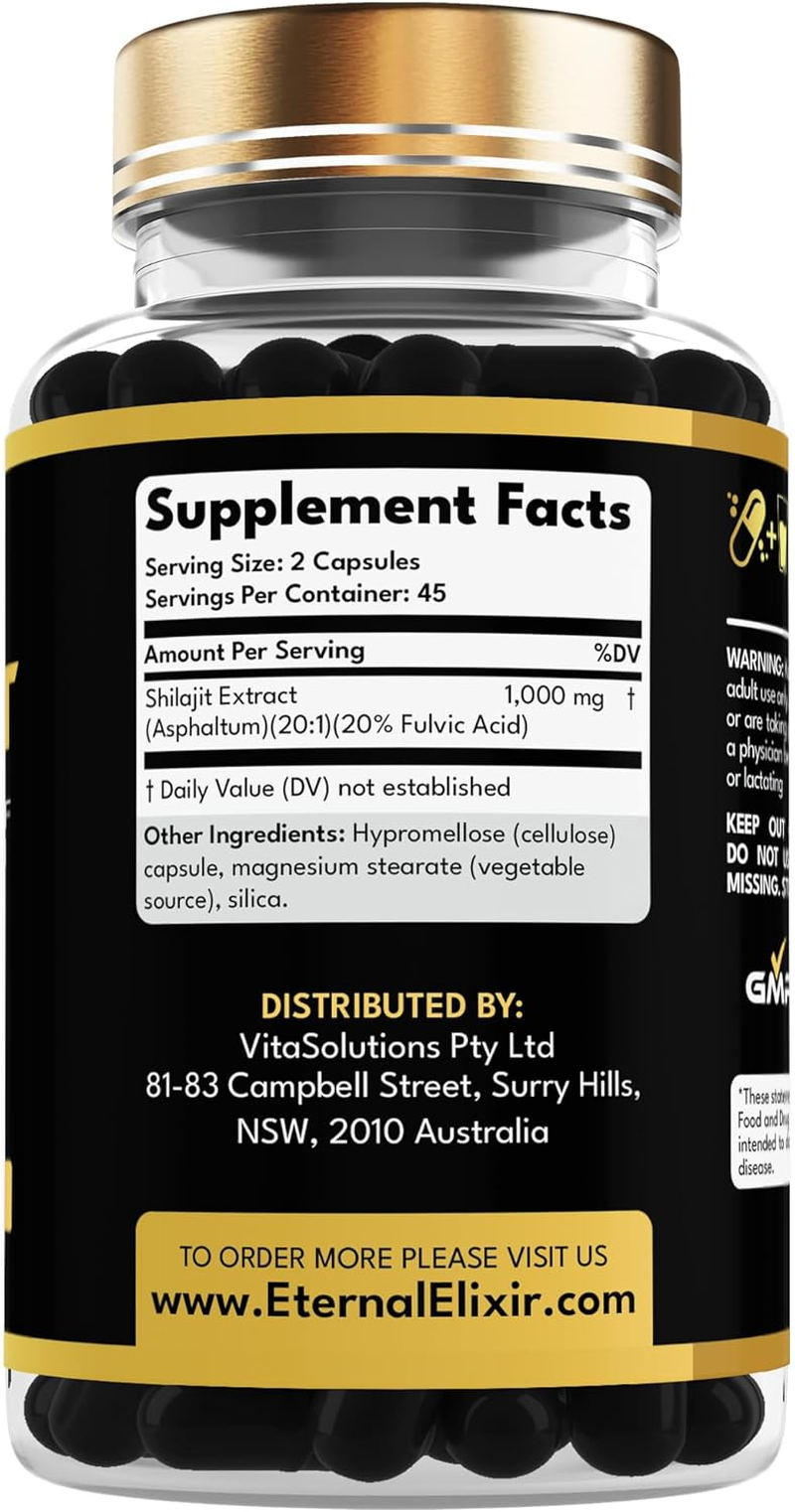 Eternal Elixir Shilajit Pure Himalayan Organic Supplement, 90 Shilajit Capsules with Pure Shilajit Extract, Trace Minerals Fulvic and Humic Acid, Shilajit Supplement to Enhance Immunity, Energy Levelshilajit Capsules