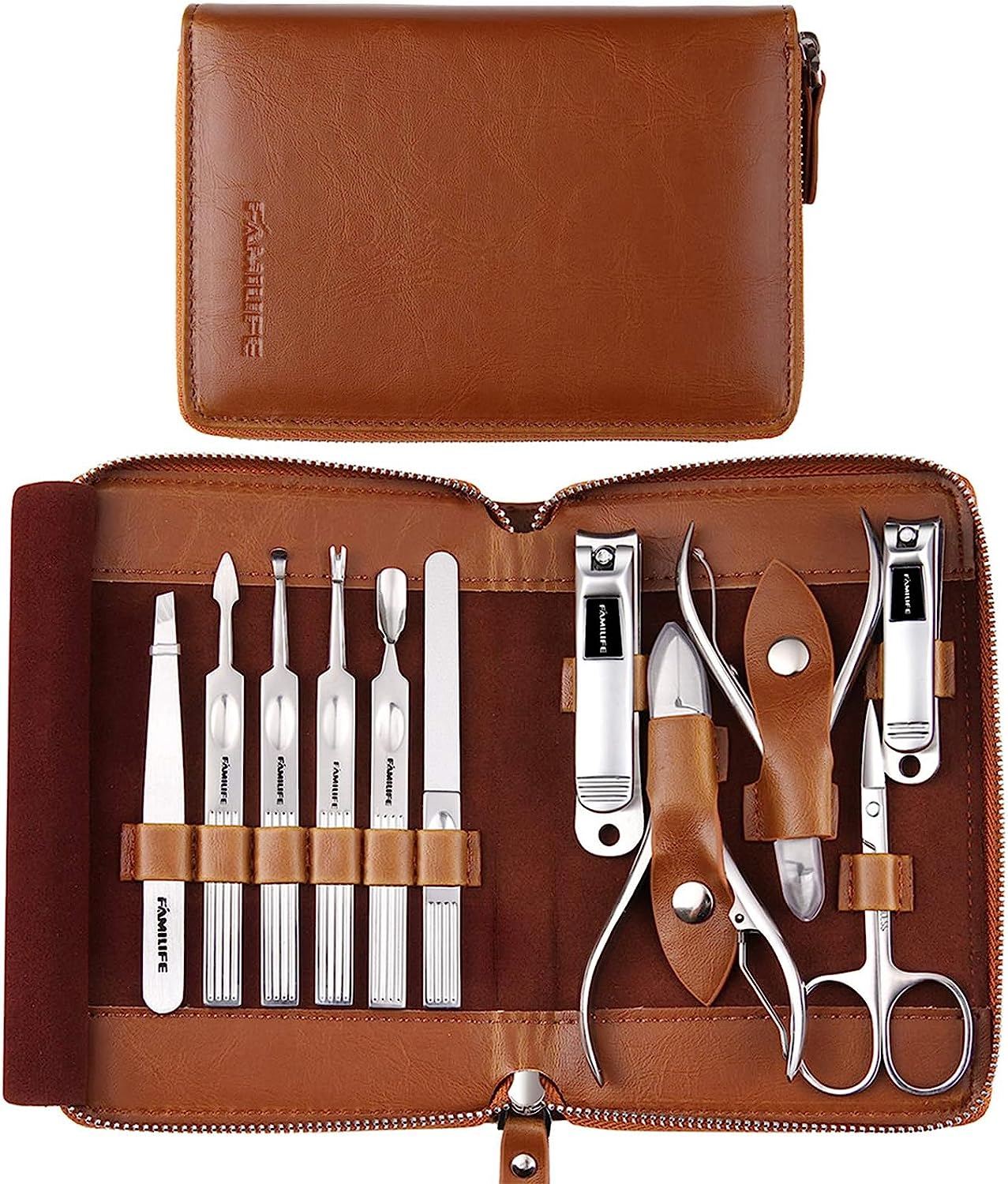 Manicure Set, FAMILIFE Professional Manicure Kit Nail Clippers Set 11 in 1 Stainless Steel Pedicure Tools Kit Grooming Kit with Portable Brown Leather Travel Case for Men (Gold)