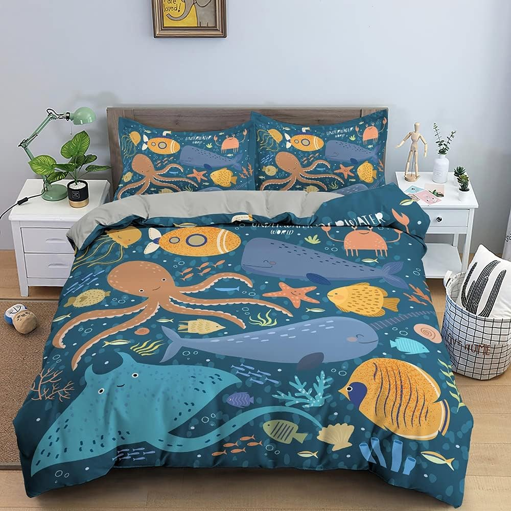 Cartoon Bedding Set Sea Animals Duvet Cover Set Underwater World Quilt Cover with Pillowcases Home Textile for Kids,Color 03,Single(140X210Cm)