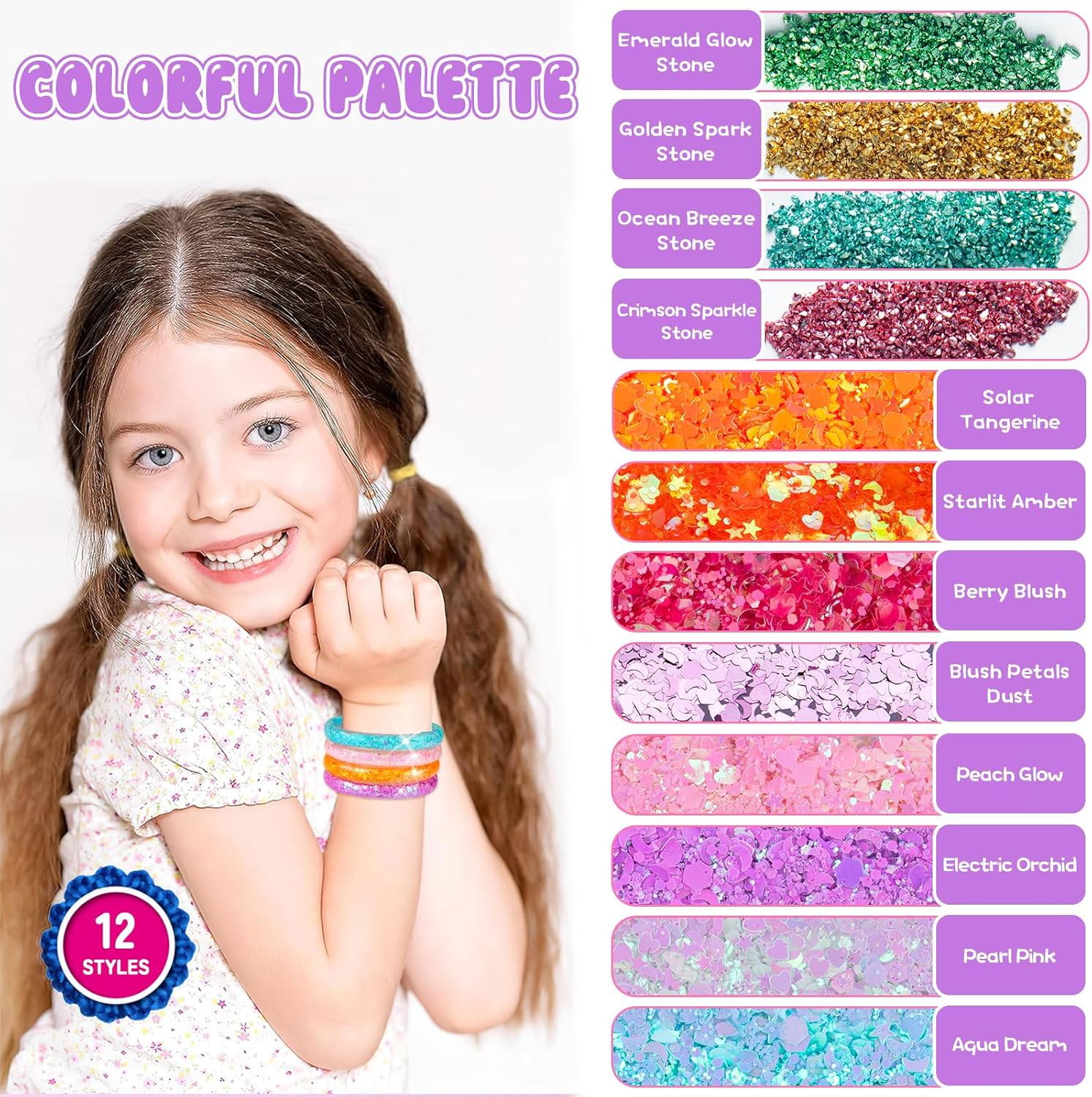 Fairymaker Glitter Bracelet Making Kit for Girls, DIY Arts and Crafts Kit with 12 Bracelets, 8 Glitter Colours, 4 Gemstone Types, Laser Sparkle Shapes for Kids&rsquo; Birthday, Gifts for Ages 6-12 (Multicolored) image number 6