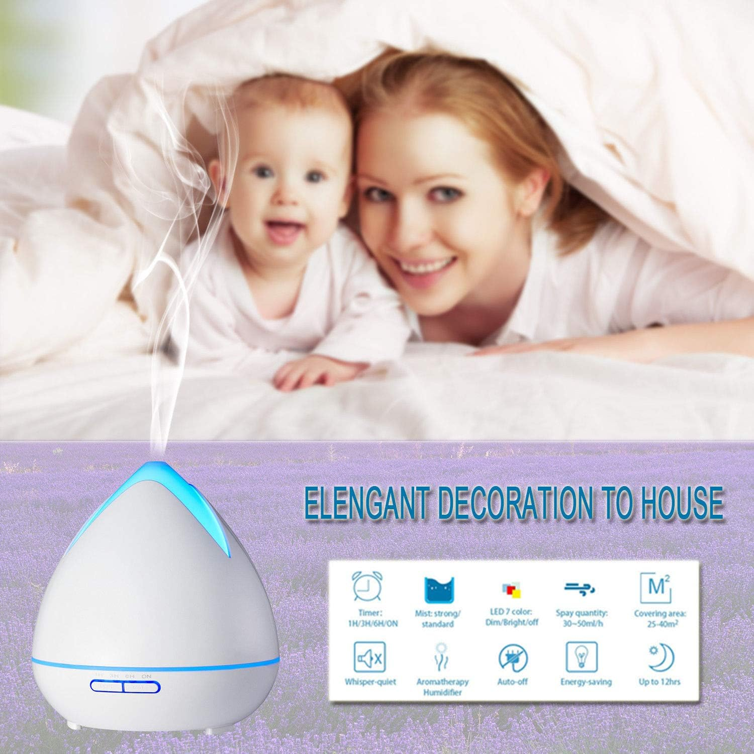 Purespa Diffuser Humidifier Serene Aromatherapy 400Ml Capacity with 3 X Aroma Diffuser Oils (Kiwi and Lime, Lily and Lotus, And, Apple and Dewberry) Night Light 7 LED Mood Lights (White) - Light Wood image number 3