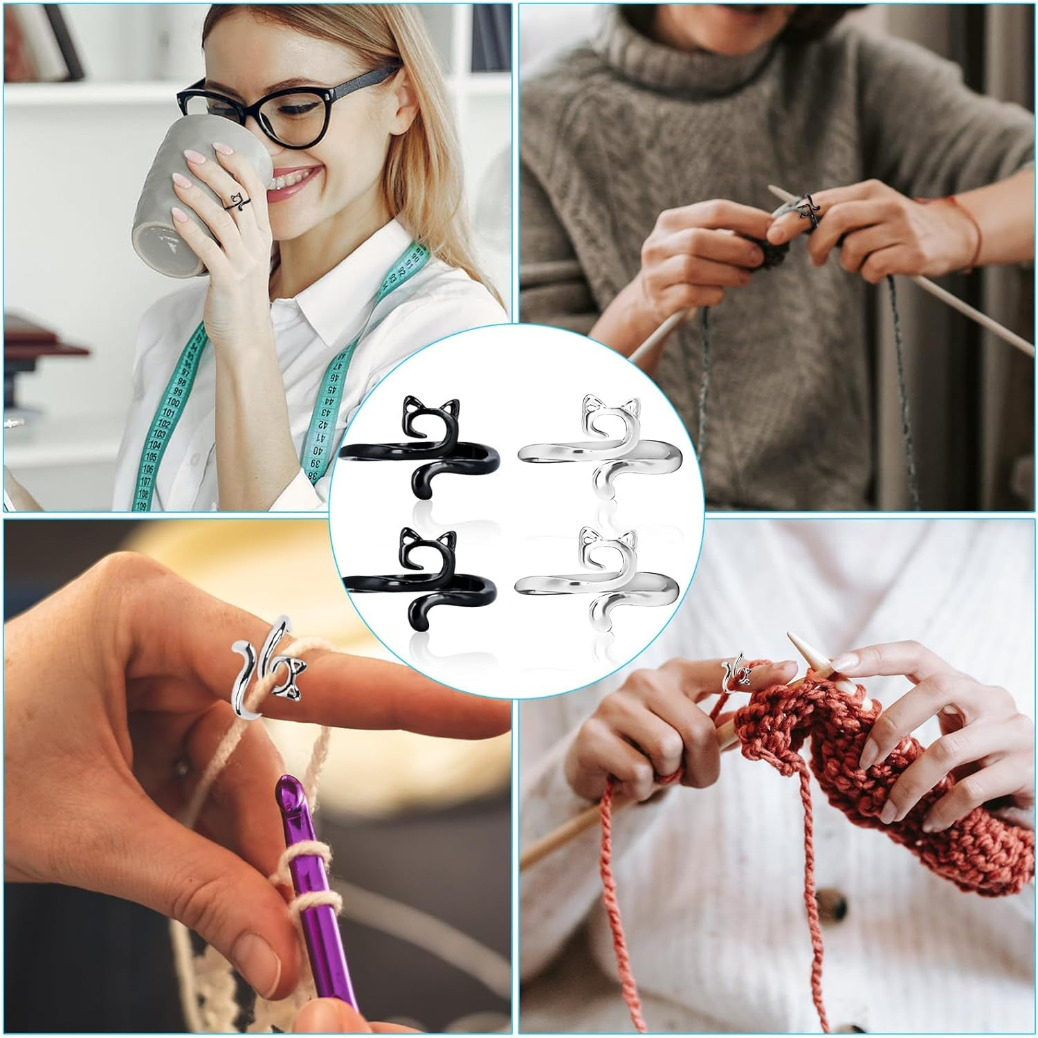 4Pcs Crochet Rings, Adjustable Knitting Crochet Loop Rings Open Yarn Tension Ring Yarn Guide Finger Holder Knitting Thimble Ring for Faster Knitting Supplies for Mother Grandma Gift(Cat Style) image number 4