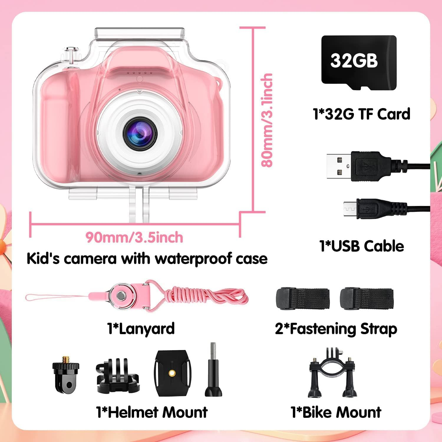 Seckton Kids Camera Waterproof for Girls 3-12 Year Old Children'S Day Birthday 1080P Children Digital Camera Underwater HD Video Toddler Camera Toys 2 Inch Screen with 32GB Card (Pink) - Pink image number 5