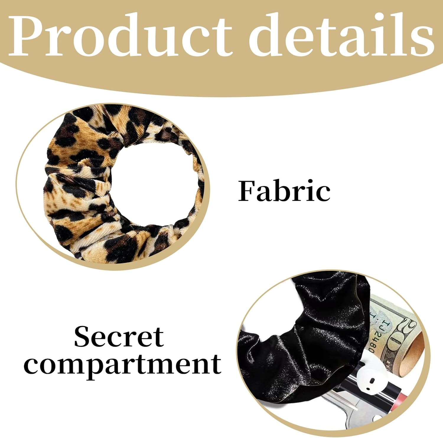 Pack of 4 Scrunchies with Zip, Hair Bobbles for Women, Leopard Pattern, Scrunchies, Velvet Travel Gadgets for Women, Money Hiding Place for Hiding, Secret Hiding Place for Valuables image number 5