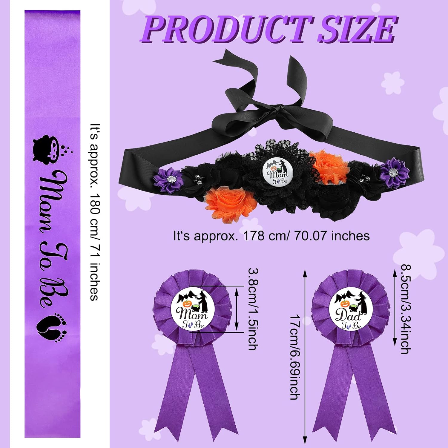 4 Pcs Halloween Pumpkin Maternity Sash Set Happy Fall Theme Mom to Be Dad to Be Corsage Pins Baby Shower Maternity Sash Belt Pregnancy Sash Keepsake for Autumn Gender Reveal (Cute Style) image number 3