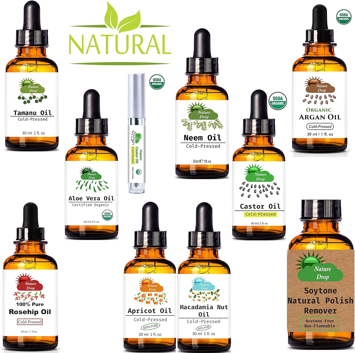 Nature Drop'S Organic Castor Oil - 100 USDA Certified Pure Cold Pressed Hexane Free - Best Oil Growth for Eyelashes, Hair, Eyebrows, Face and Skin, Triple Filtered, Great for Acne, image number 1