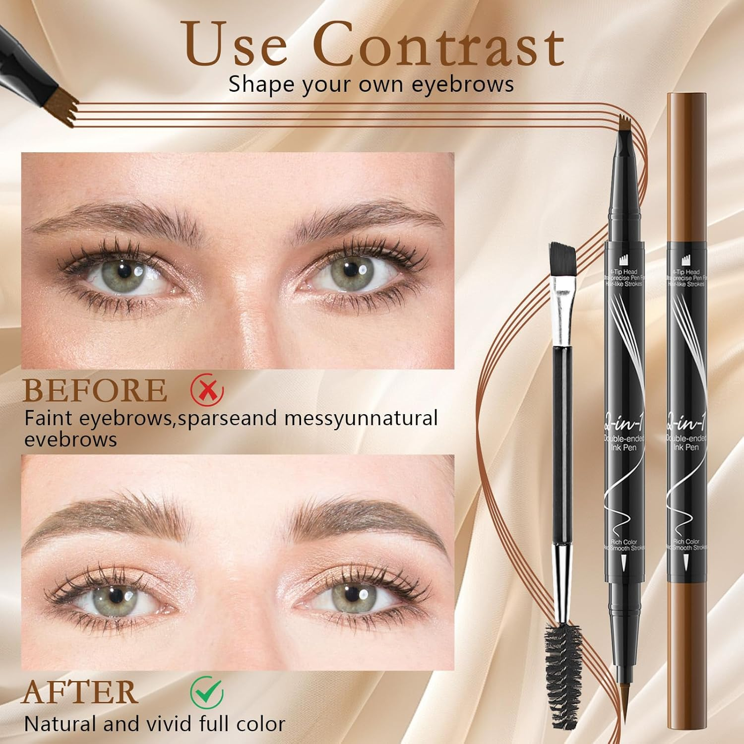 Eyebrow Pencil，Natural Looking Pencil with 4-Fork Tip and Eyeliner Dual Ended 2-In-1 Long Lasting, Waterproof and Smudge Proof (Dark Brown)