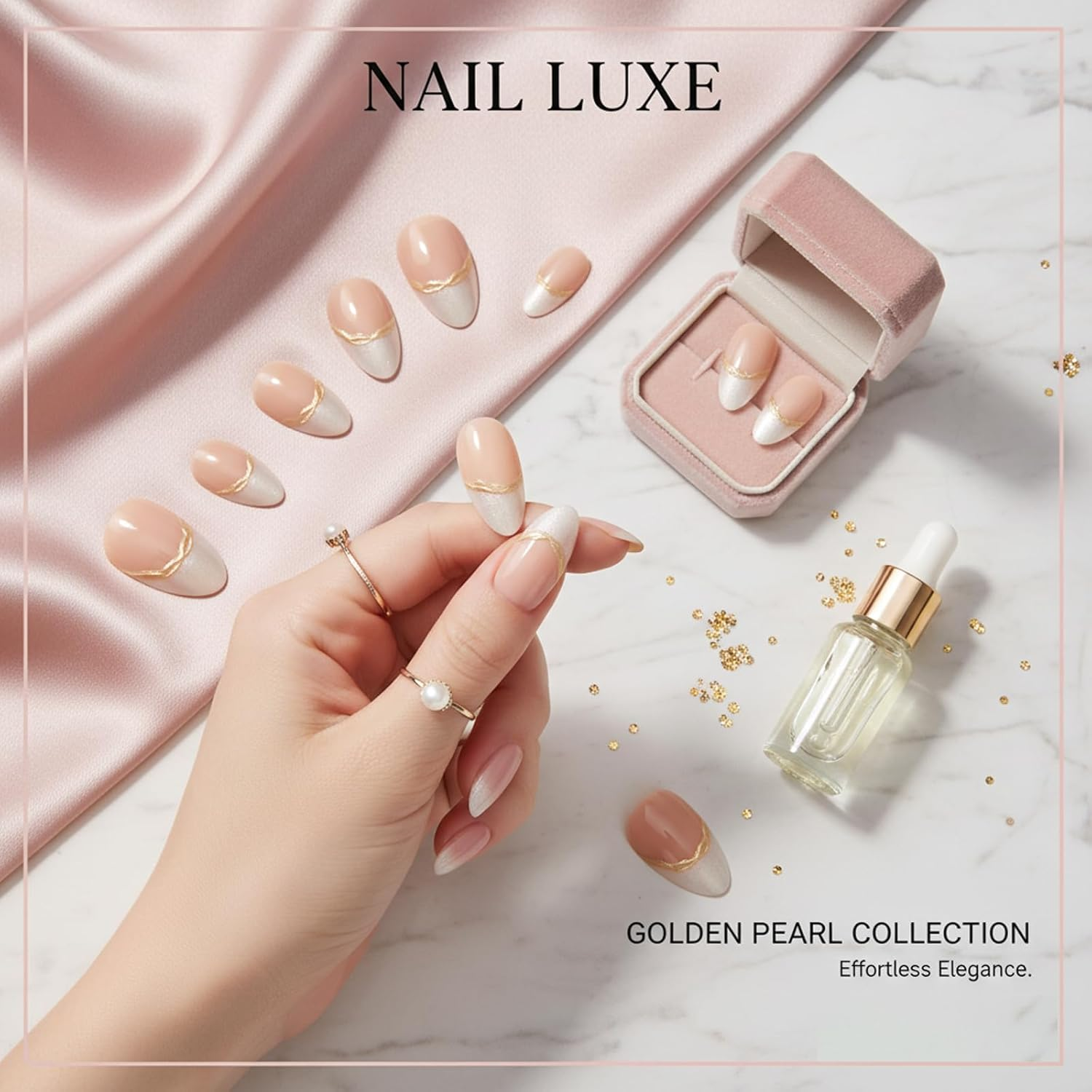 Press on Nails, French Tip with Gold Accents, 30 Piece Set with Jelly Adhesive Tabs, Salon-Quality Fake Nails for Women, Easy Application at Home image number 5