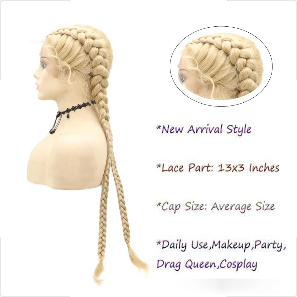 Afbeauty Extra Long Mixed Blonde Dutch Twins Braided Wig for Women Handmade Blonde 613 Lightweight Swiss Lace Front Wig with Baby Hair Heat Resistant Synthetic Double Braids Wig - Auburn Brown image number 5