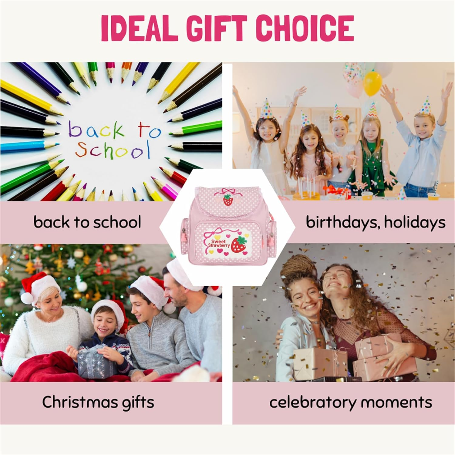 Aobiono Kawaii Strawberry Backpack Mini Cute Anime Aesthetic Pink Lace Polka Dot Small Bookbag Japanese Cartoon Fruit Bag, Pink, Large, Daypack Backpacks image number 3