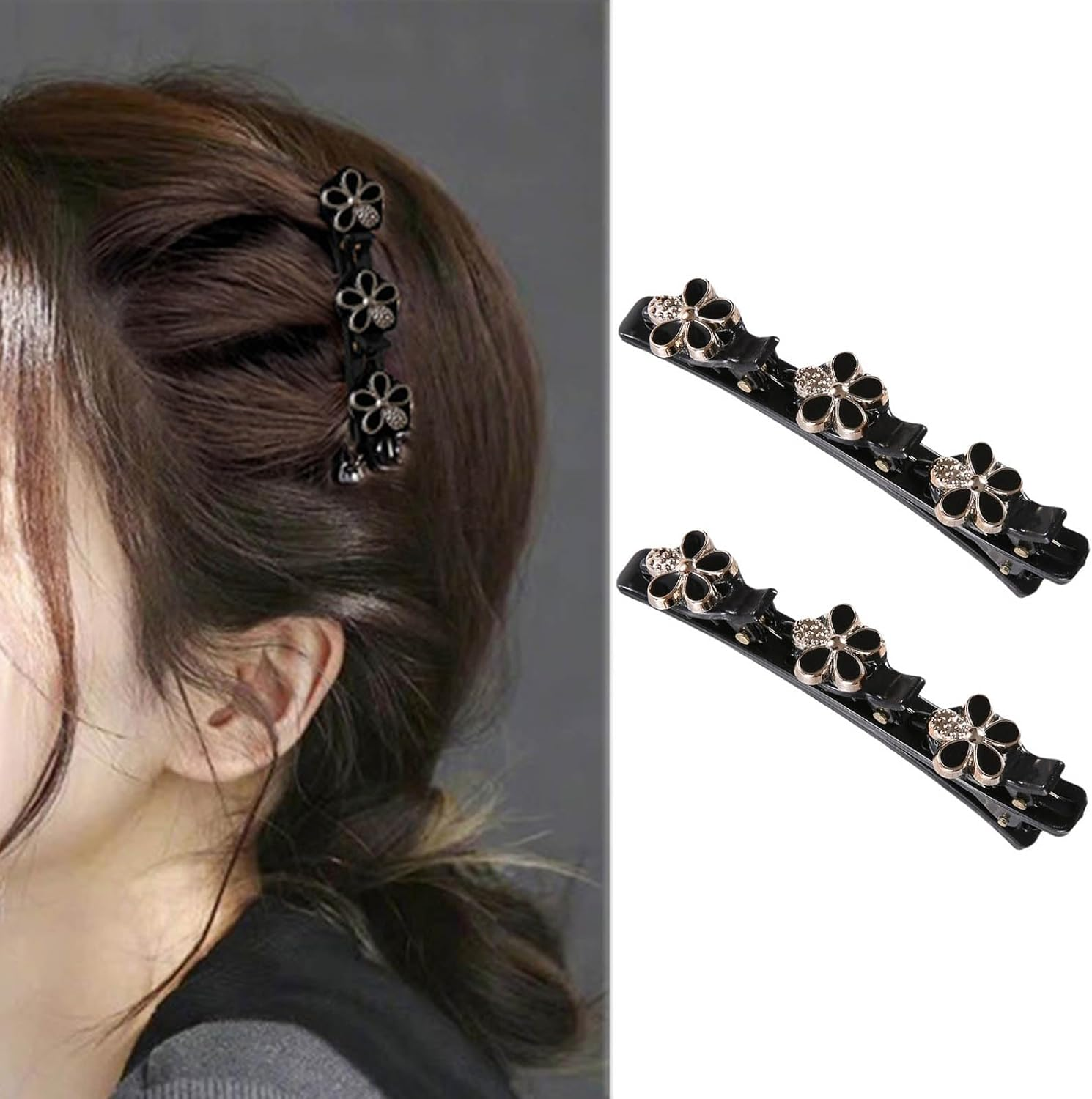 Braided Hair Clips with Sparkling Crystal Stone and 3 Small Clips Beaded Hairpin Duck Bill Clip Braided Hair Clip with Rhinestones for Women as a Gift (Style: M) image number 5
