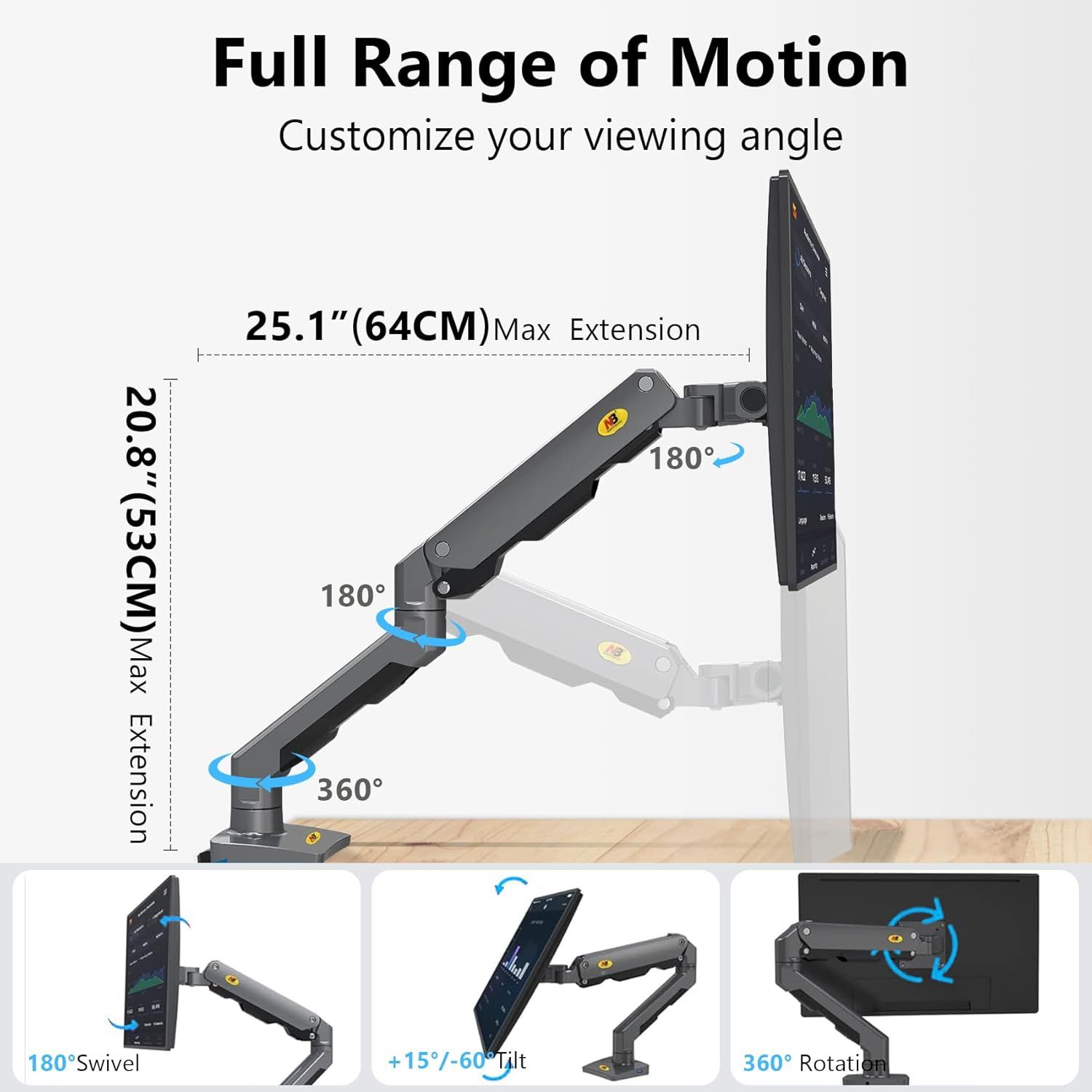 NB North Bayou Monitor Stand Desk Mount for Curved Screens 27"-45"-16KG, Full Motion Heavy Duty Desk Gas Spring Monitor Arm with Heavy Weight Capacity16Kg Gaming Monitor Stand (G60 Gunmetal) image number 1