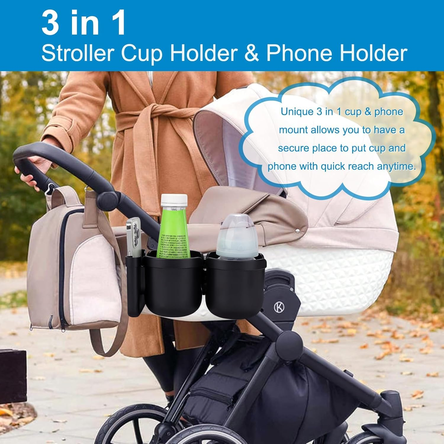 Qunlions Life Stroller Cup Holder with Phone Holder, Bike, Universal Cup Holder for Uppababy Nuna Doona Strollers, 2-In-1 Cup Phone Holder for Stroller, Bike, Wheelchair, Walker (Double Holder-Black) - All Black image number 6