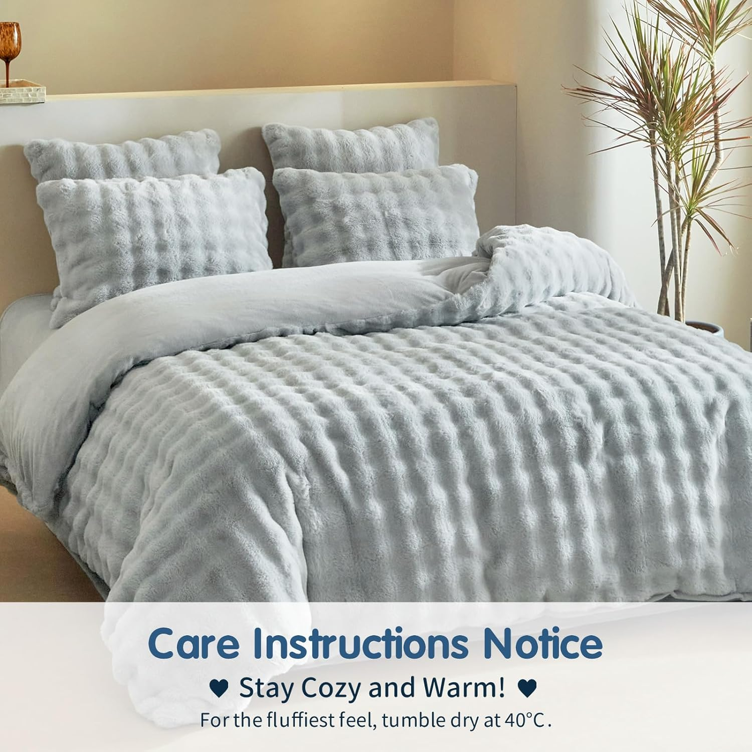 Tokokimo Plush Duvet Cover 240 X 260 Cm with 2 Pillowcases 65 X 65 Cm - Warm Winter Plush Rabbit Fur Bedding Set 240 X 260 Cm with Zip, Grey image number 4