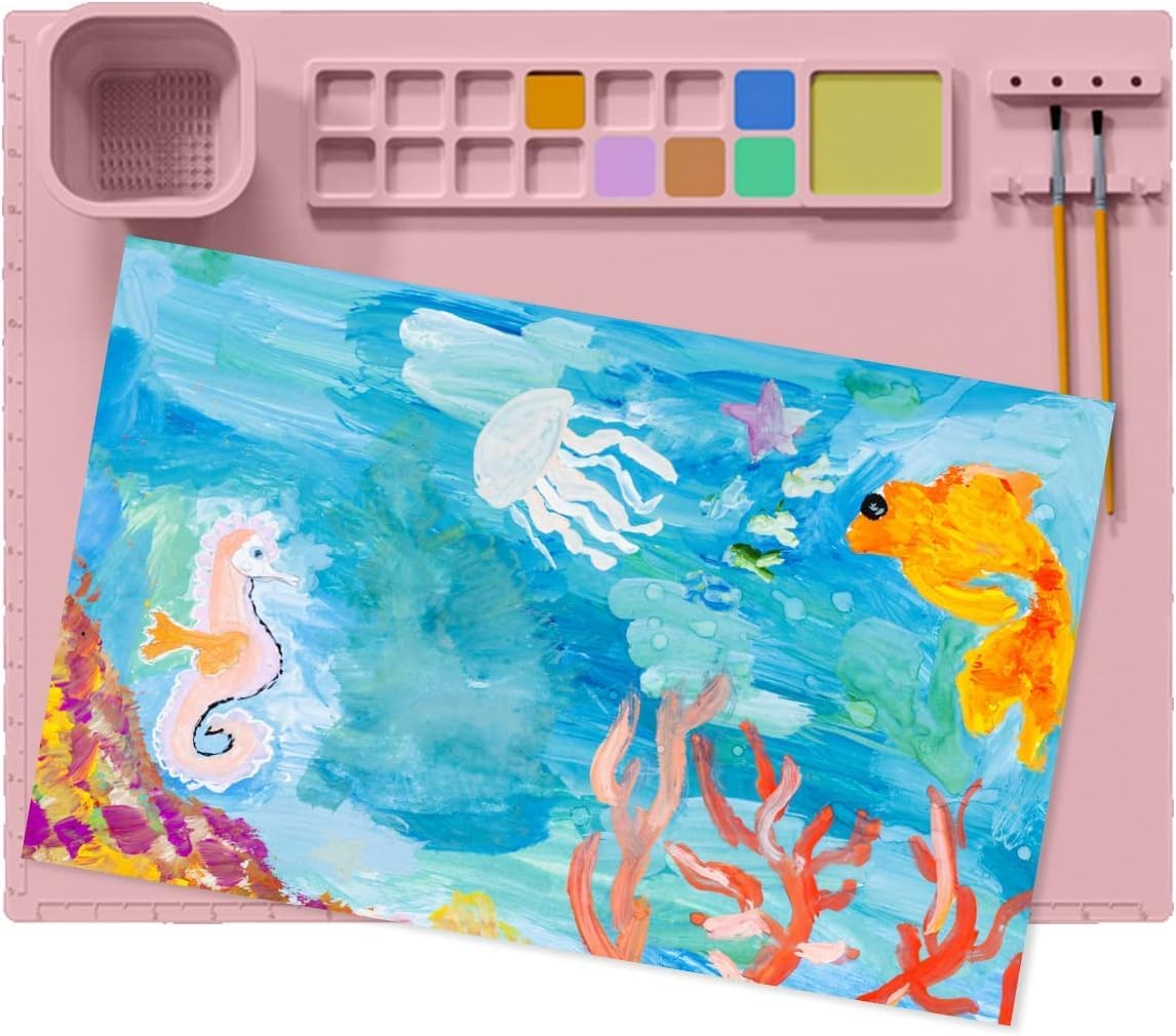 Large Silicone Craft Mat with Cup Holder and Ruler Line- Thick Non-Slip Silicone Art Mat for Painting and Crafts, 17.7"X13.7" image number 1
