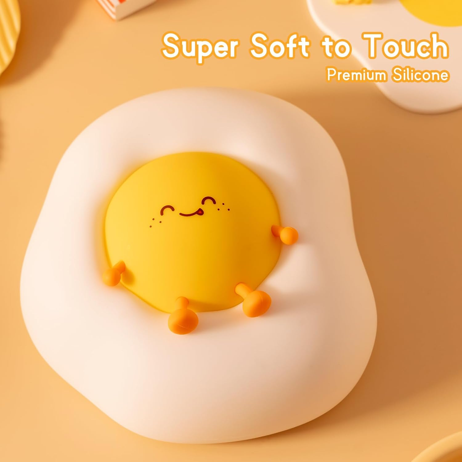 Cute Night Light for Kids Baby, Portable Silicone Rechargeable Nightlight, Cordless LED Touch Sensor Dimmable Bedside Lamp, Small Squishy Toy for Boy Girl, Nursery Decor (Fried Egg)