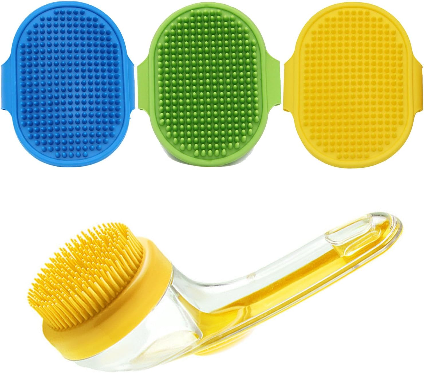 4 Pcs Dog Bath Brush Set - Shampoo Brush & Bubble Maker with Adjustable Handle, Dog Grooming Brush, Paw Washer & Massage Grooming Tool for Short/Long Hair Dogs & Cats (Green)