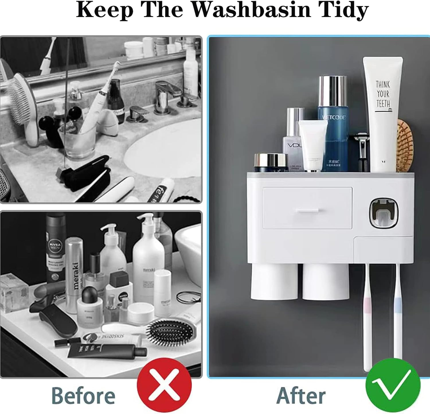 Hushnow Toothbrush Holder Wall Mounted,Toothbrush Storage Box with Dust Cover, Equipped with Toothpaste Dispenser,Cup and Drawer Storage Box(2 Cups, Gray Toothbrush Holder) - Black image number 4