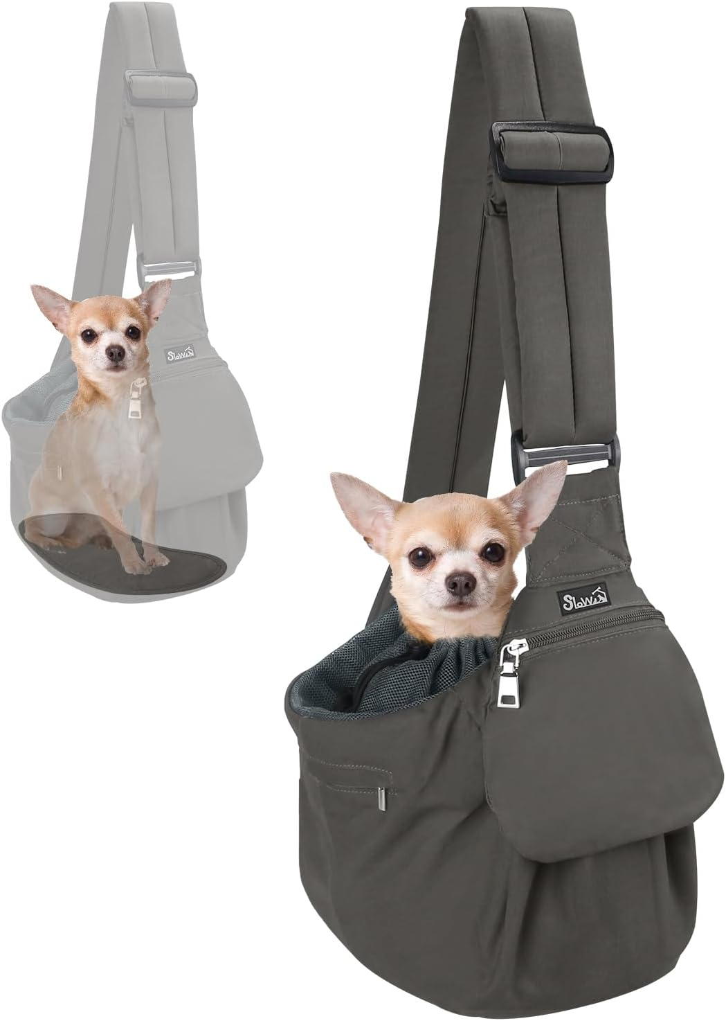 Slowton Pet Sling Carrier, Comfortable Hard Bottom Support Small Dog Papoose Sling Adjustable Padded Shoulder Strap Hand Free Puppy Cat Carry Bag with Drawstring Opening Zipper Pocket Safety Belt