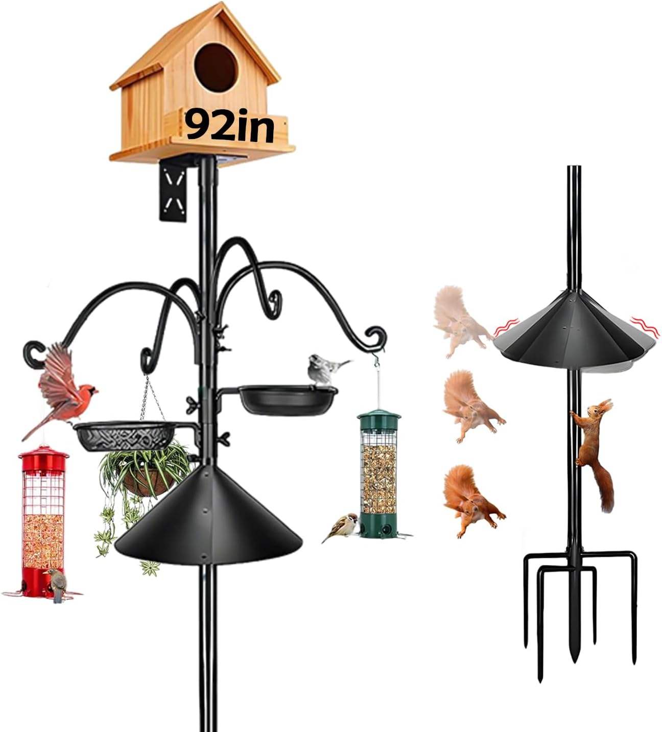 92" Squirrel Resistant Feeder Pole & Birdhouse Pole - Heavy Duty Bird Feeding Station with Metal Baffle, Hooks & Water Dish image number 5