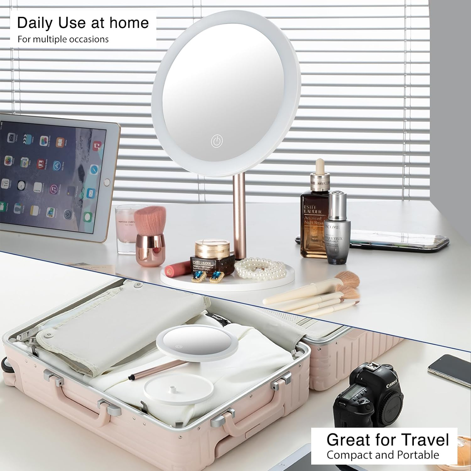 YEAKE Lighted Makeup Mirror,8.5'' Large Rechargeable Vanity Mirror with 3 Color Lights,Dimmable Touch Screen, Brightness Adjustable Desk Tabletop Mirror,Portable Table Cosmetic Mirror for Travelling image number 2