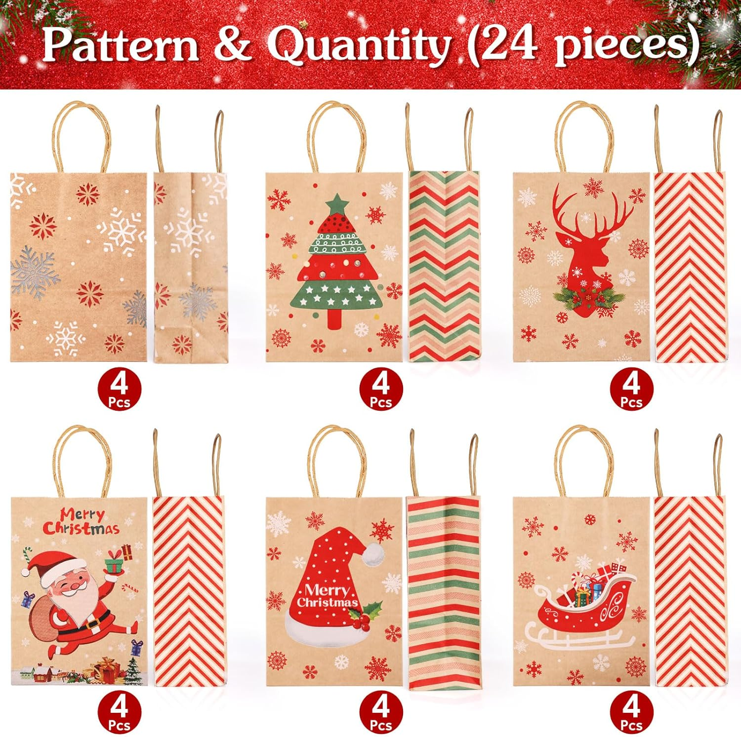 24 Pcs Christmas Kraft Gift Bags, Geeric Xmas Paper Bags Bulk with Handles Party Bags Christmas Candy Treat Bag Gift Bags for Xmas Gift Wrapping Christmas Party Santa Claus,Snowflake,Elk Print Pattern - Color2 image number 6
