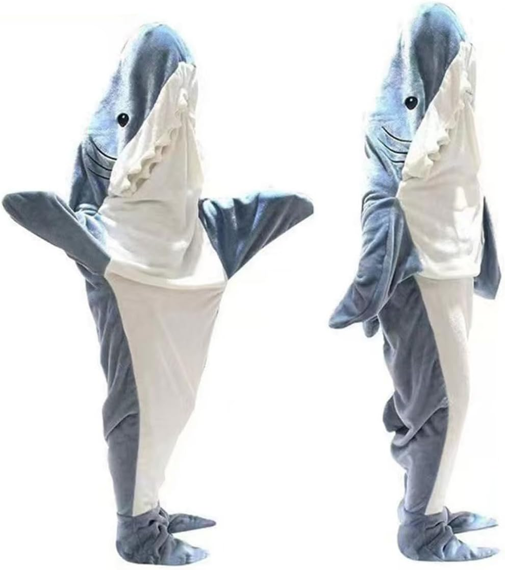 Blue Shark Hooded Blanket Hoodie for Adult Kids, Cozy Soft Flannel Fleece Jumpsuit Costume, Shark Onesie, Wearable Blanket, Animal Blanket with Feet (Blue Shark, M) image number 6