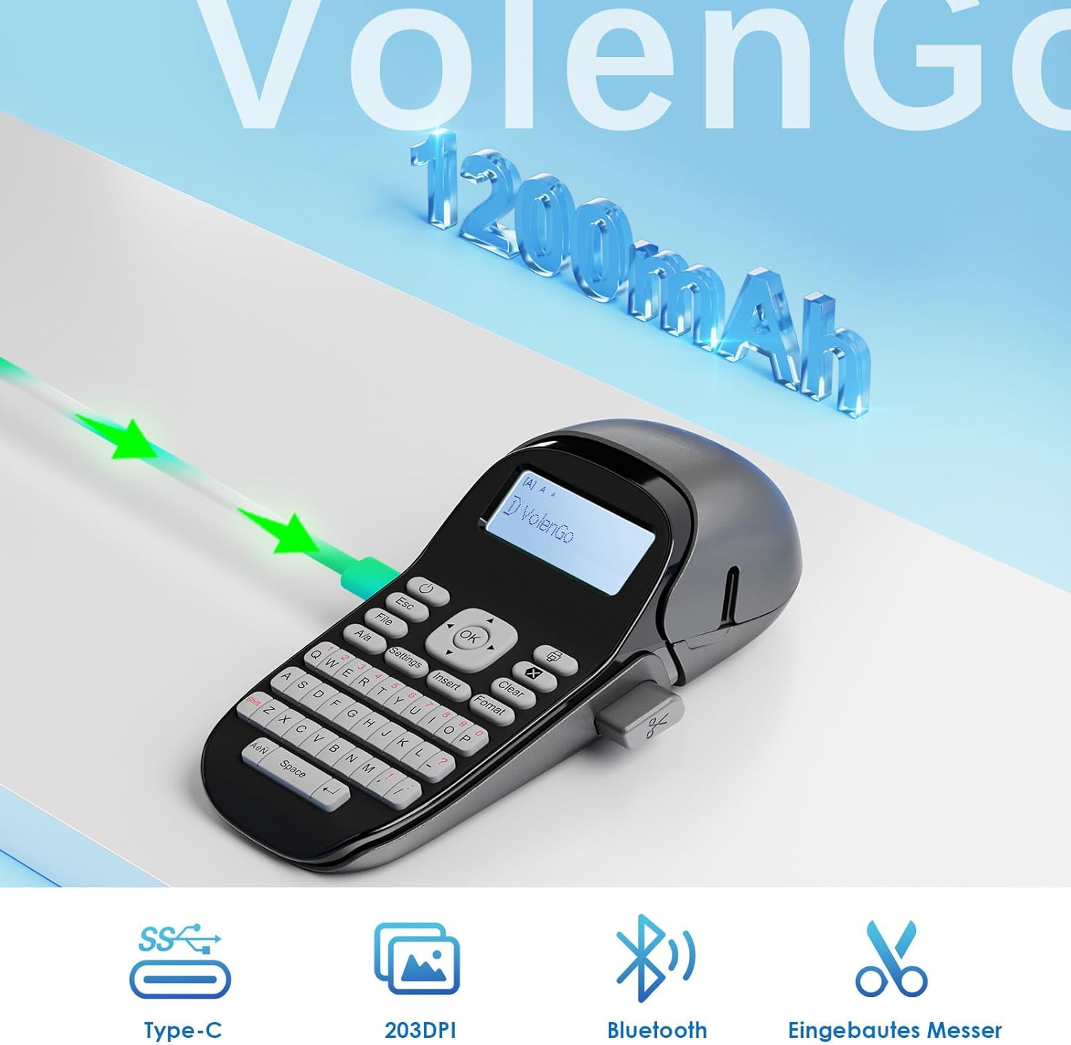 Volengo LT12 Label Maker, Handheld Portable Label Printer, Easy to Use, QWERTY Keyboard, Backlit LCD, for Home, Office, and On-The-Go Use image number 2